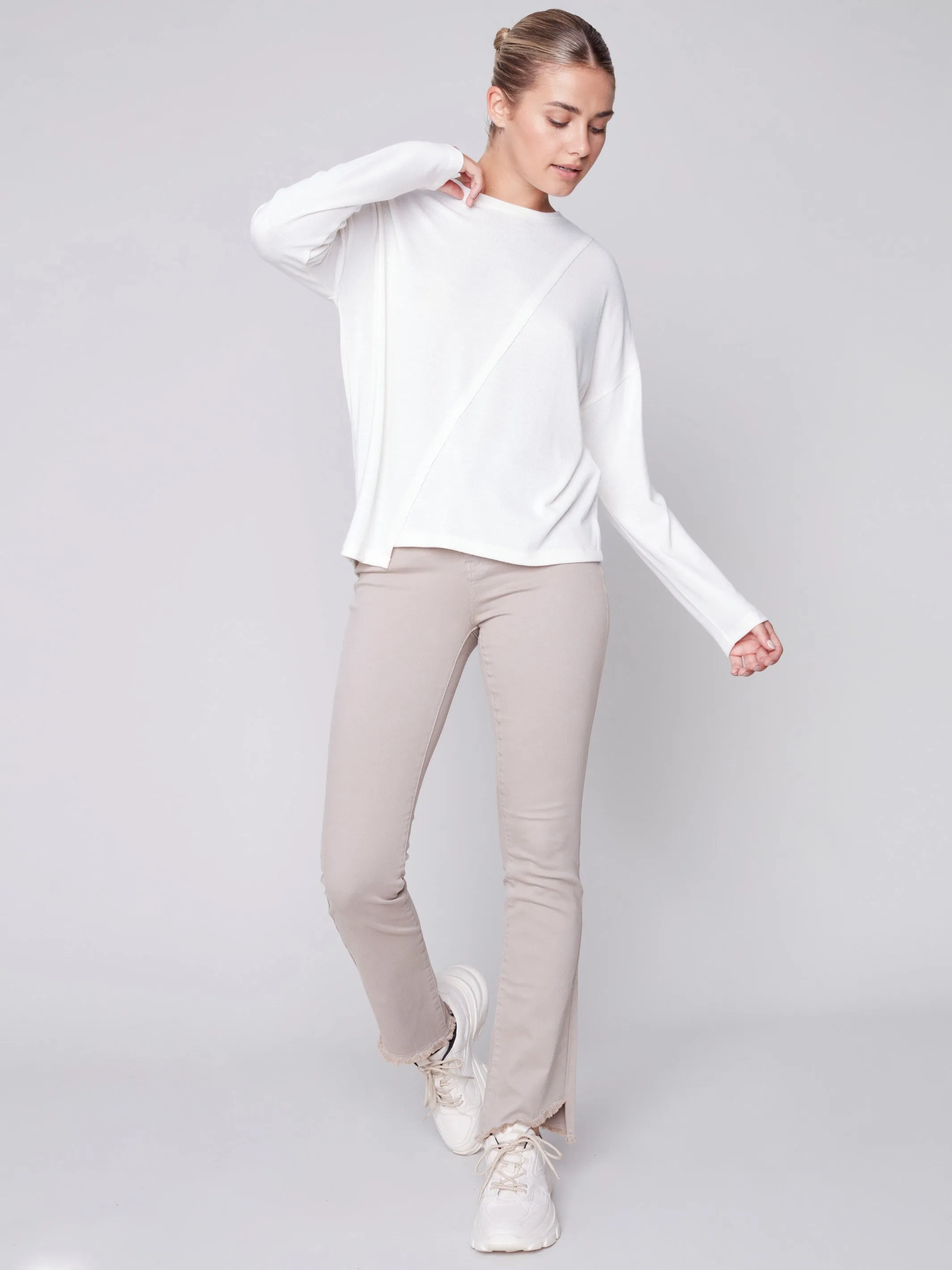 Knit Top with Diagonal Cut Detail - Cream