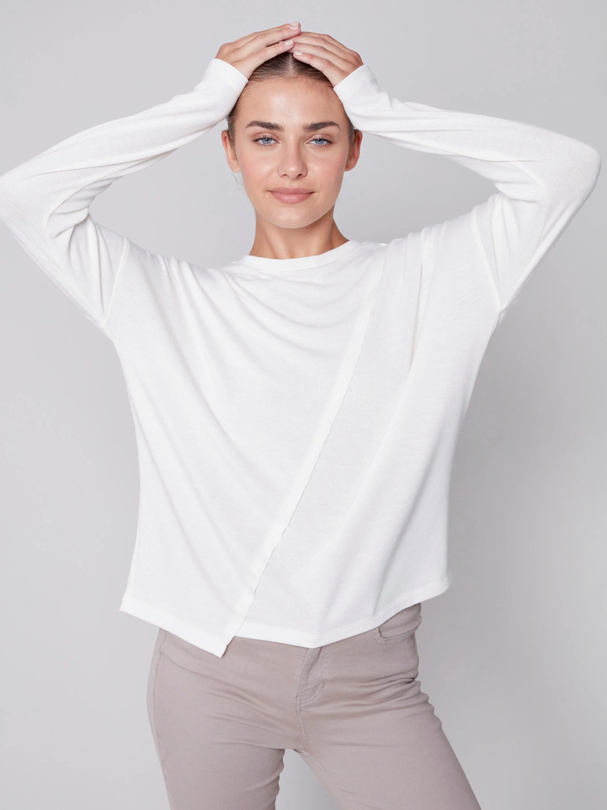Knit Top with Diagonal Cut Detail - Cream
