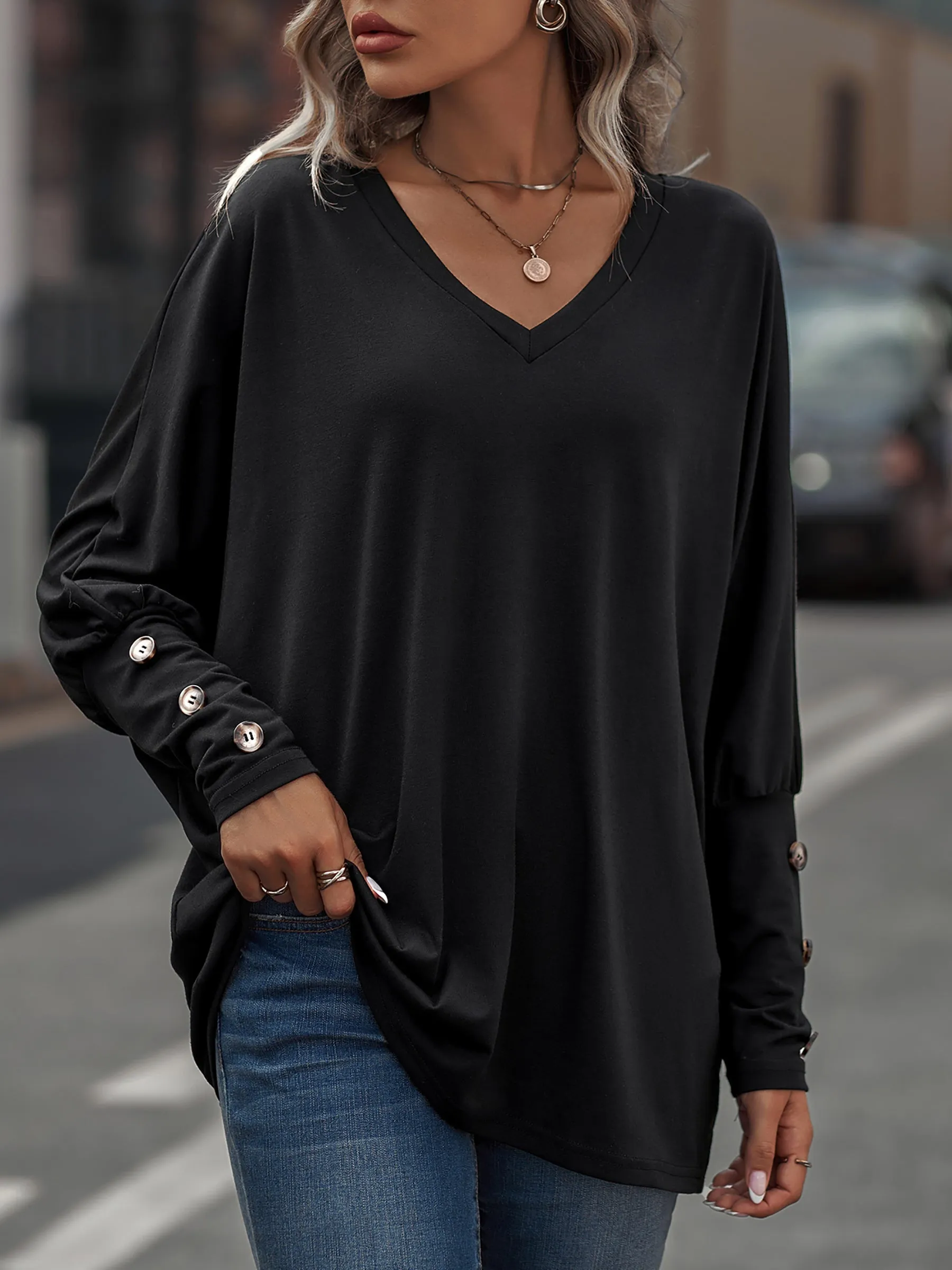 Loose-Fit V-Neck Oversized Batwing Long Sleeve Casual Tops