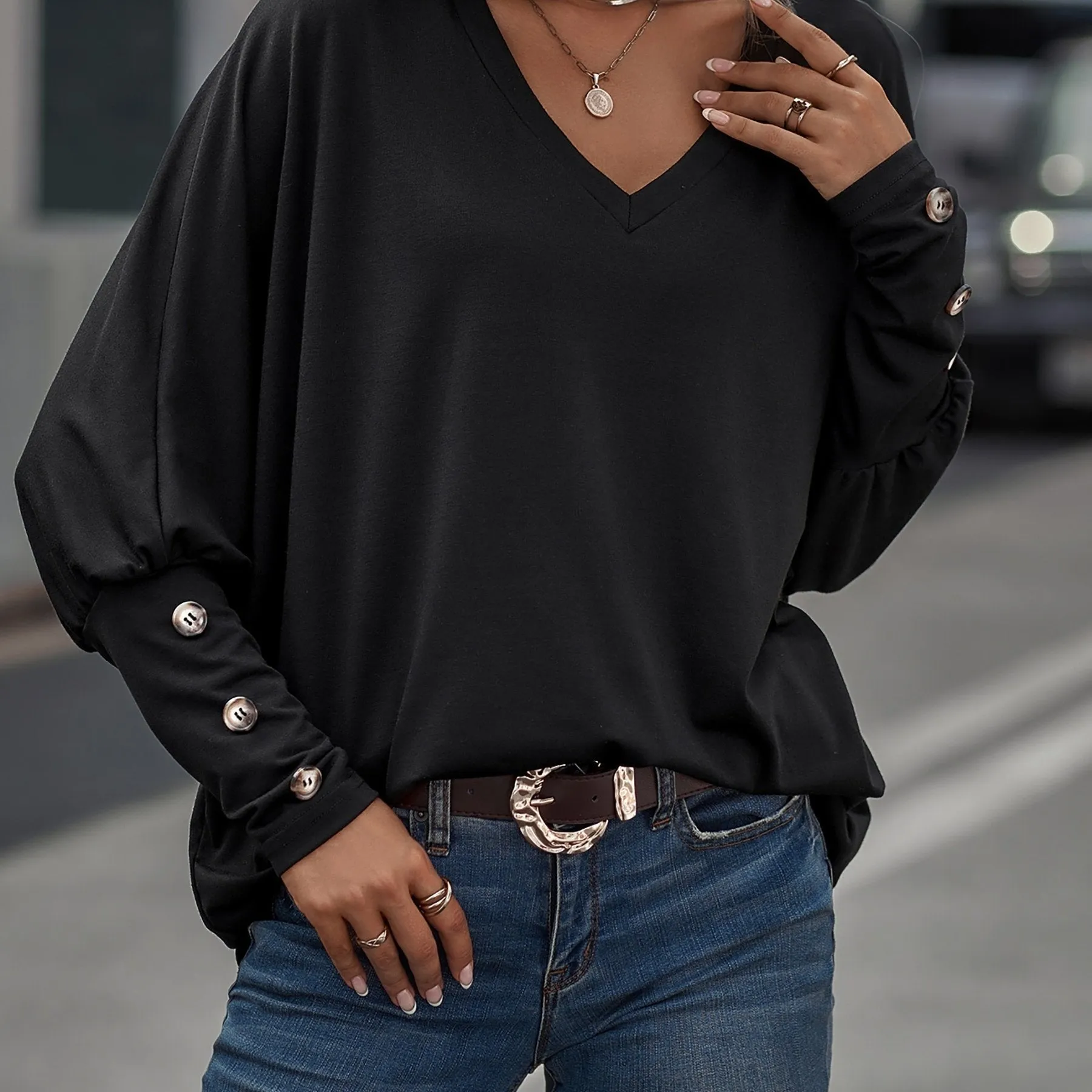 Loose-Fit V-Neck Oversized Batwing Long Sleeve Casual Tops