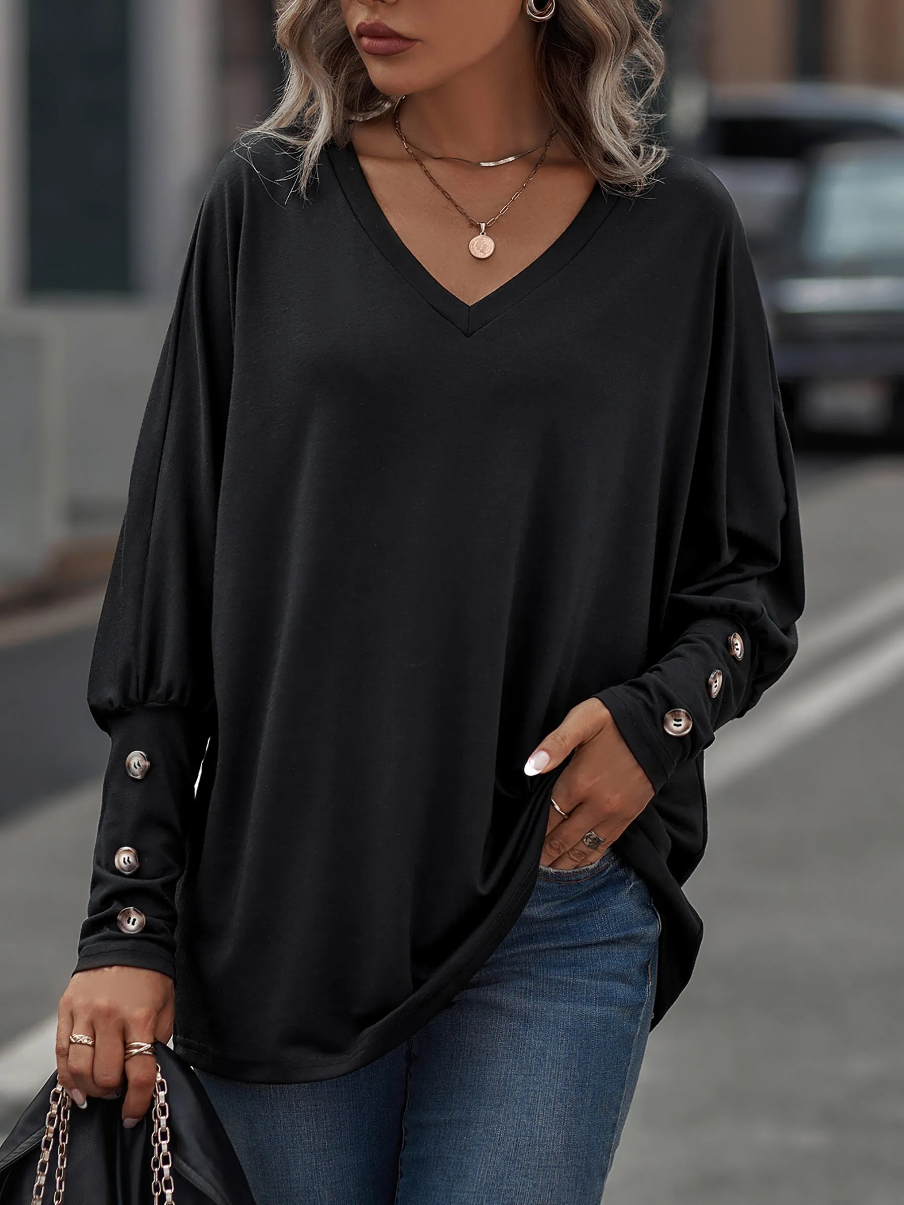 Loose-Fit V-Neck Oversized Batwing Long Sleeve Casual Tops