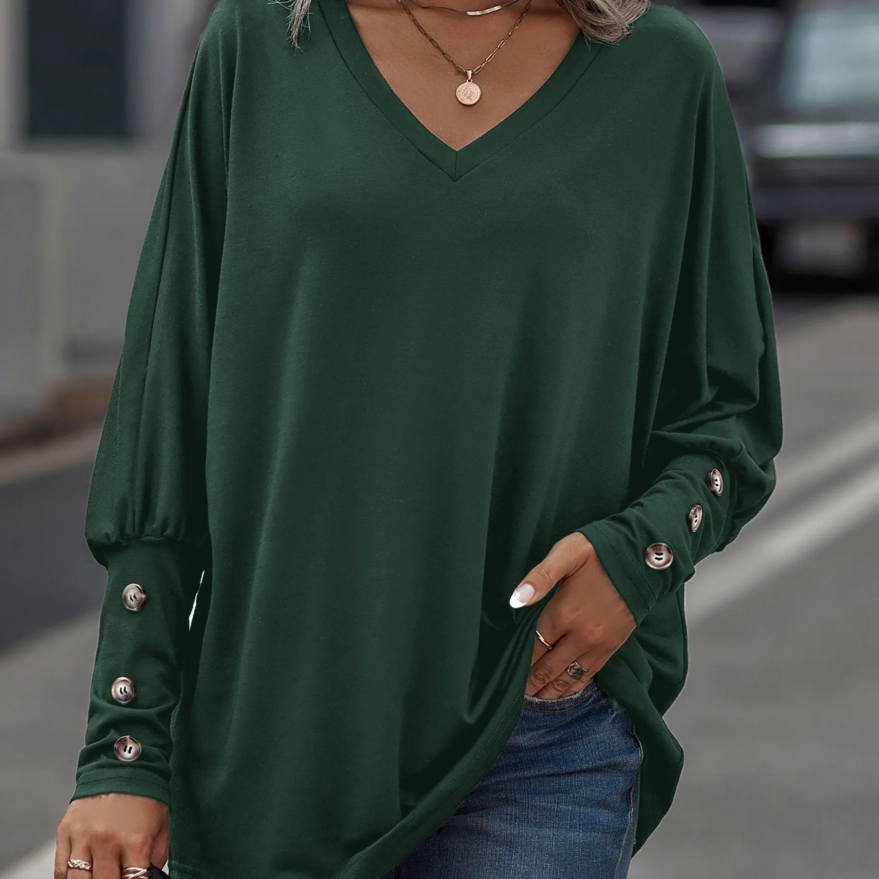 Loose-Fit V-Neck Oversized Batwing Long Sleeve Casual Tops