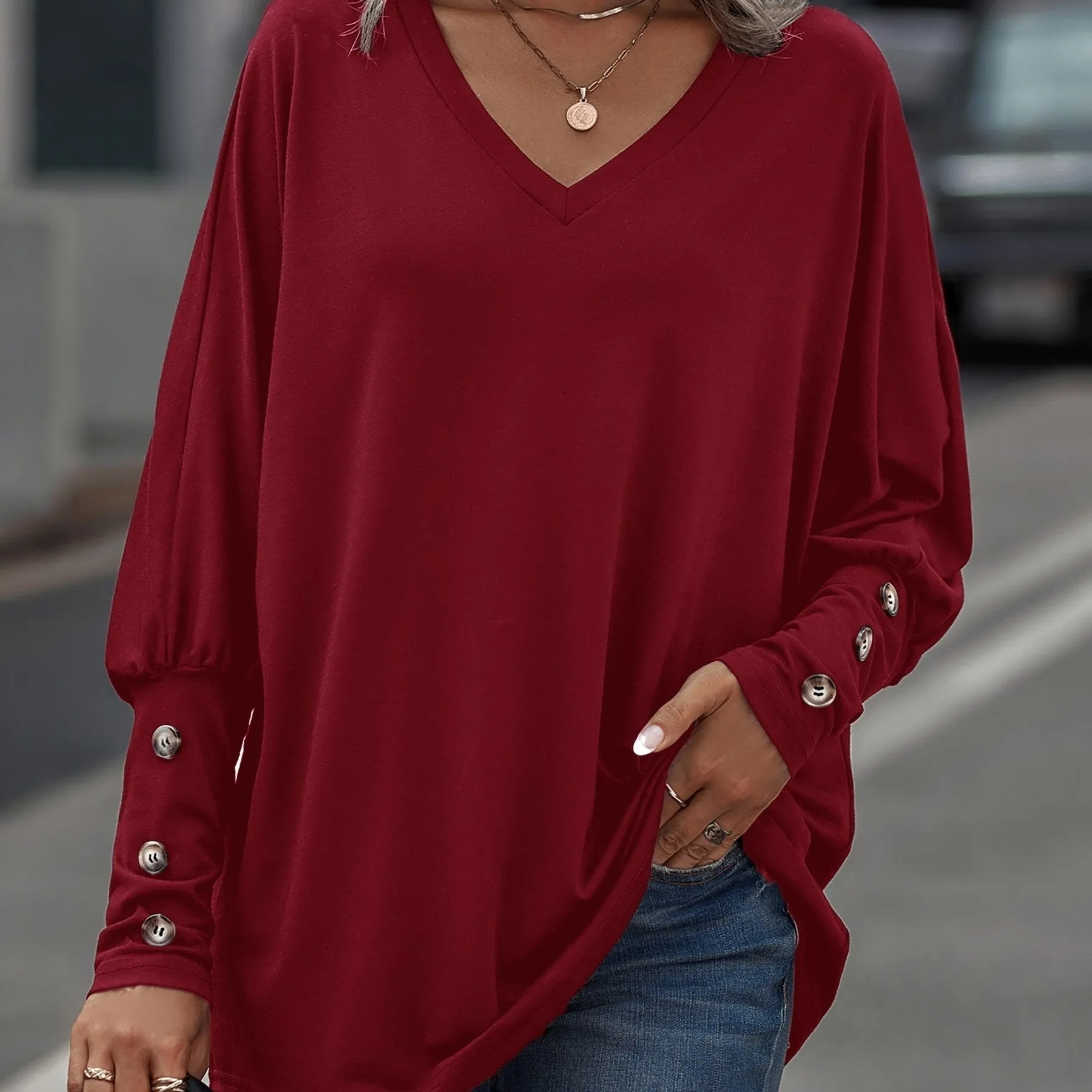 Loose-Fit V-Neck Oversized Batwing Long Sleeve Casual Tops