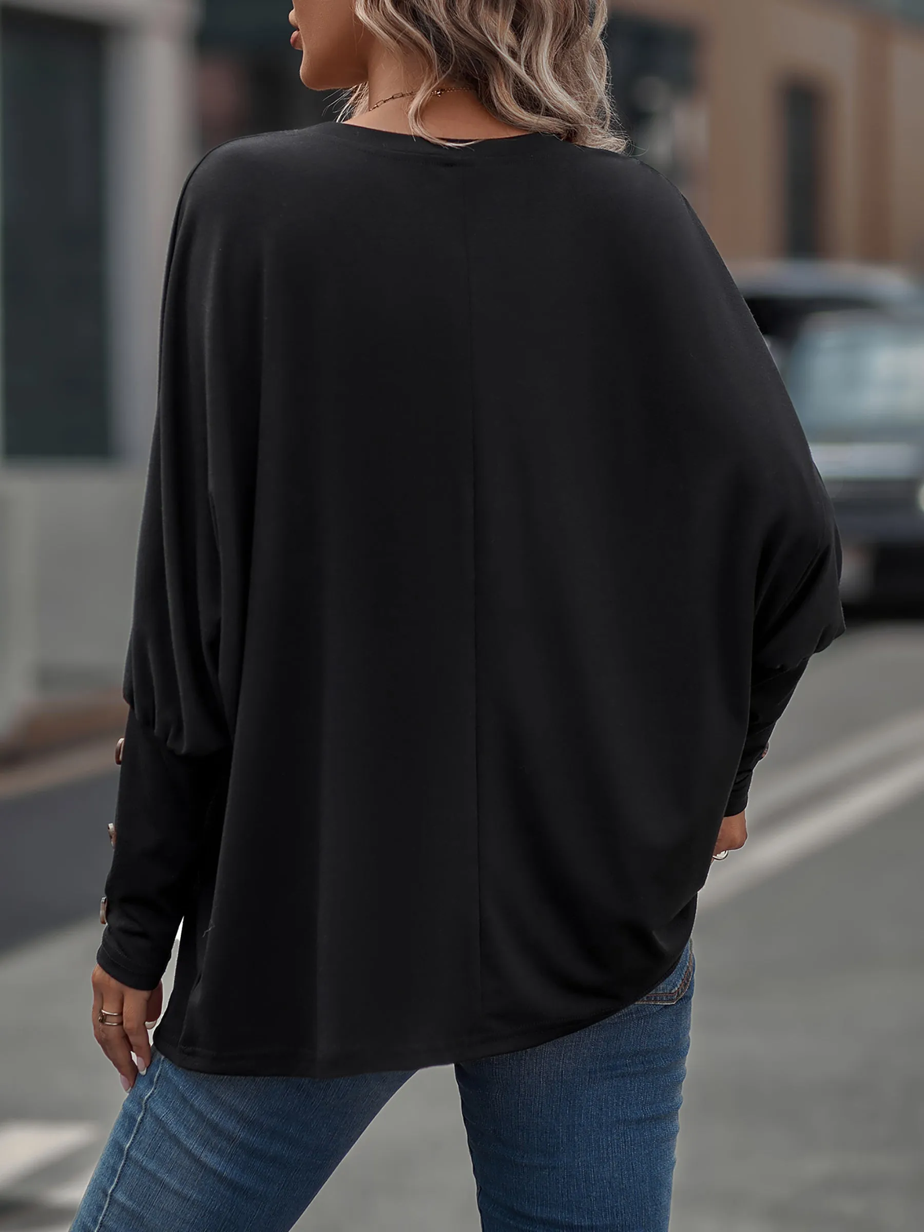 Loose-Fit V-Neck Oversized Batwing Long Sleeve Casual Tops