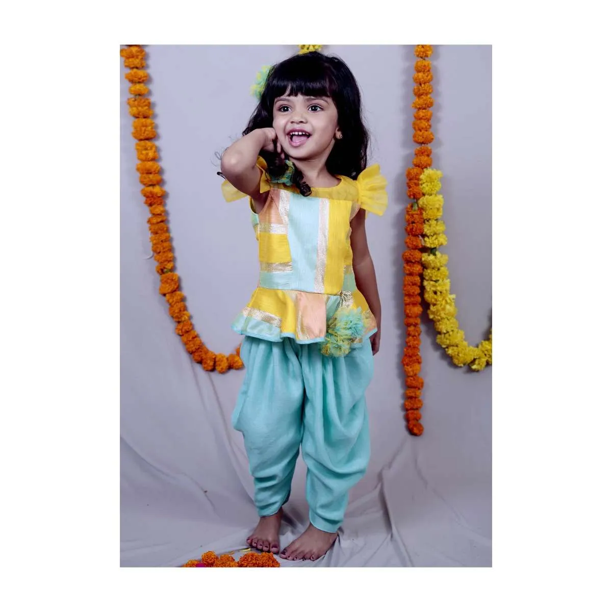 Multi Color Top With Frill Sleeves And Aqua Blue Dhoti Online - Kalki Fashion