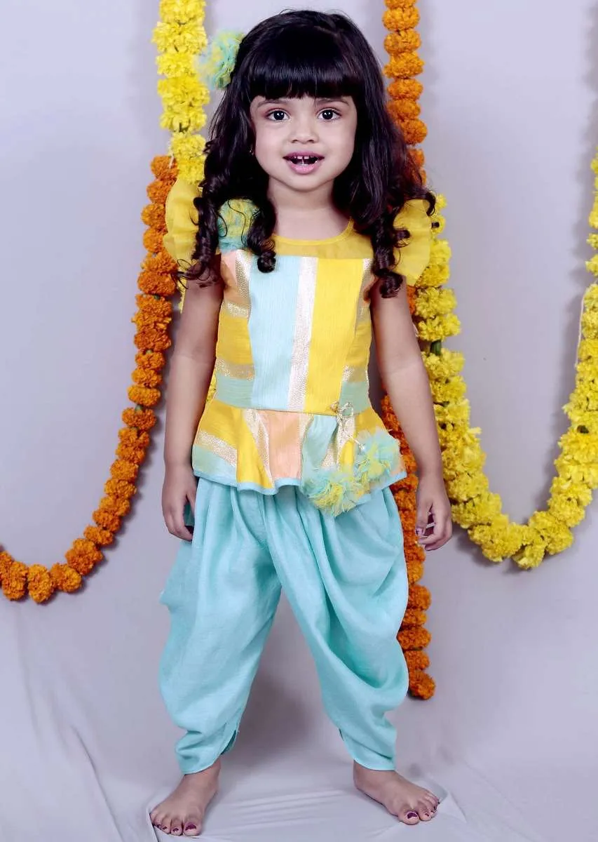 Multi Color Top With Frill Sleeves And Aqua Blue Dhoti Online - Kalki Fashion