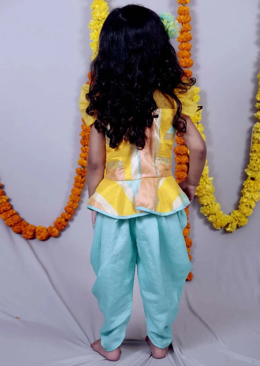 Multi Color Top With Frill Sleeves And Aqua Blue Dhoti Online - Kalki Fashion