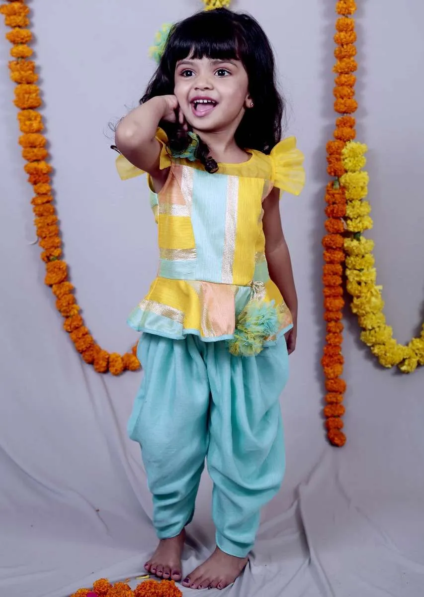 Multi Color Top With Frill Sleeves And Aqua Blue Dhoti Online - Kalki Fashion