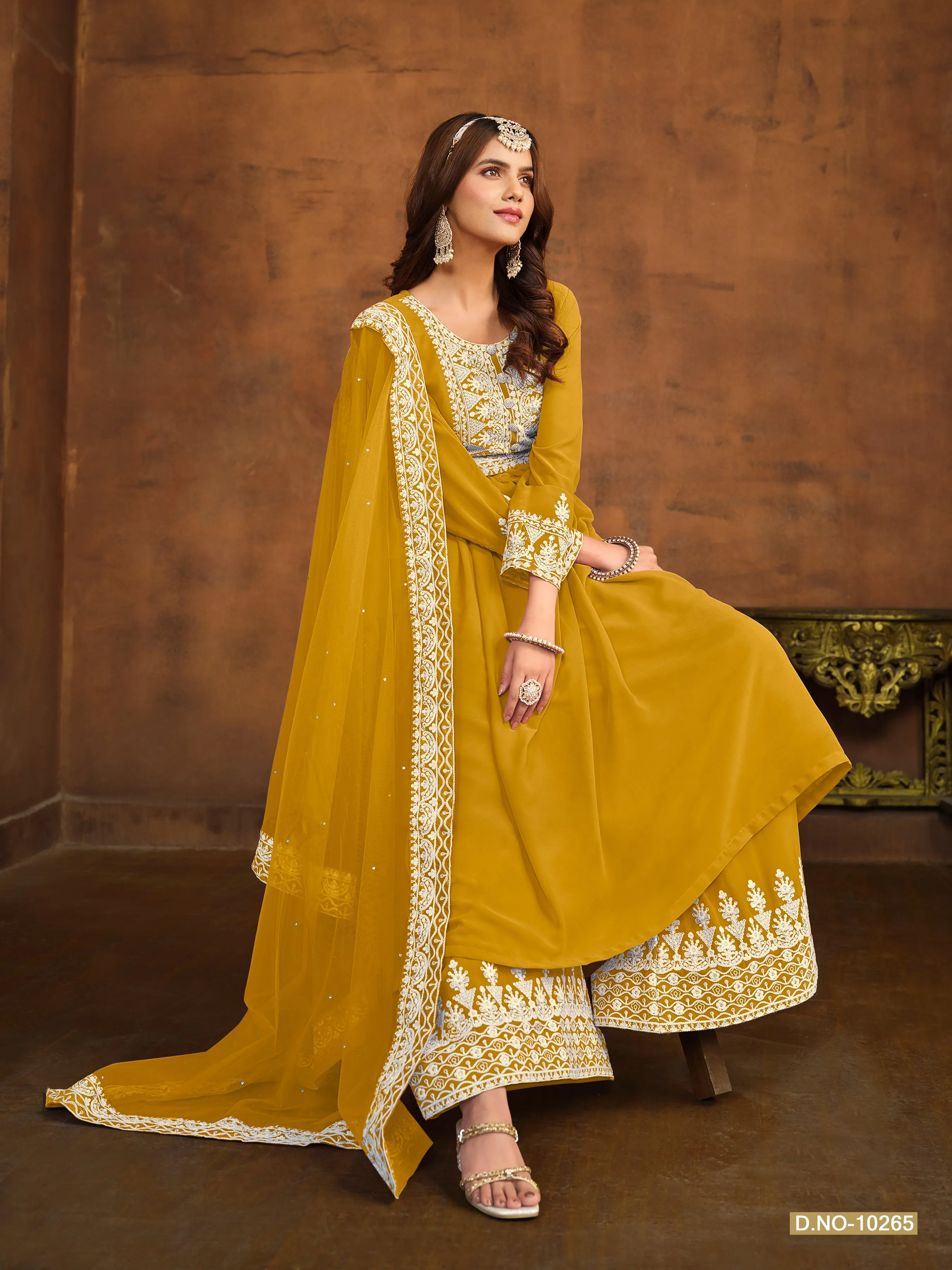 Mustard Pure Faux Georgette Heavy Embroidered Palazzo Suit