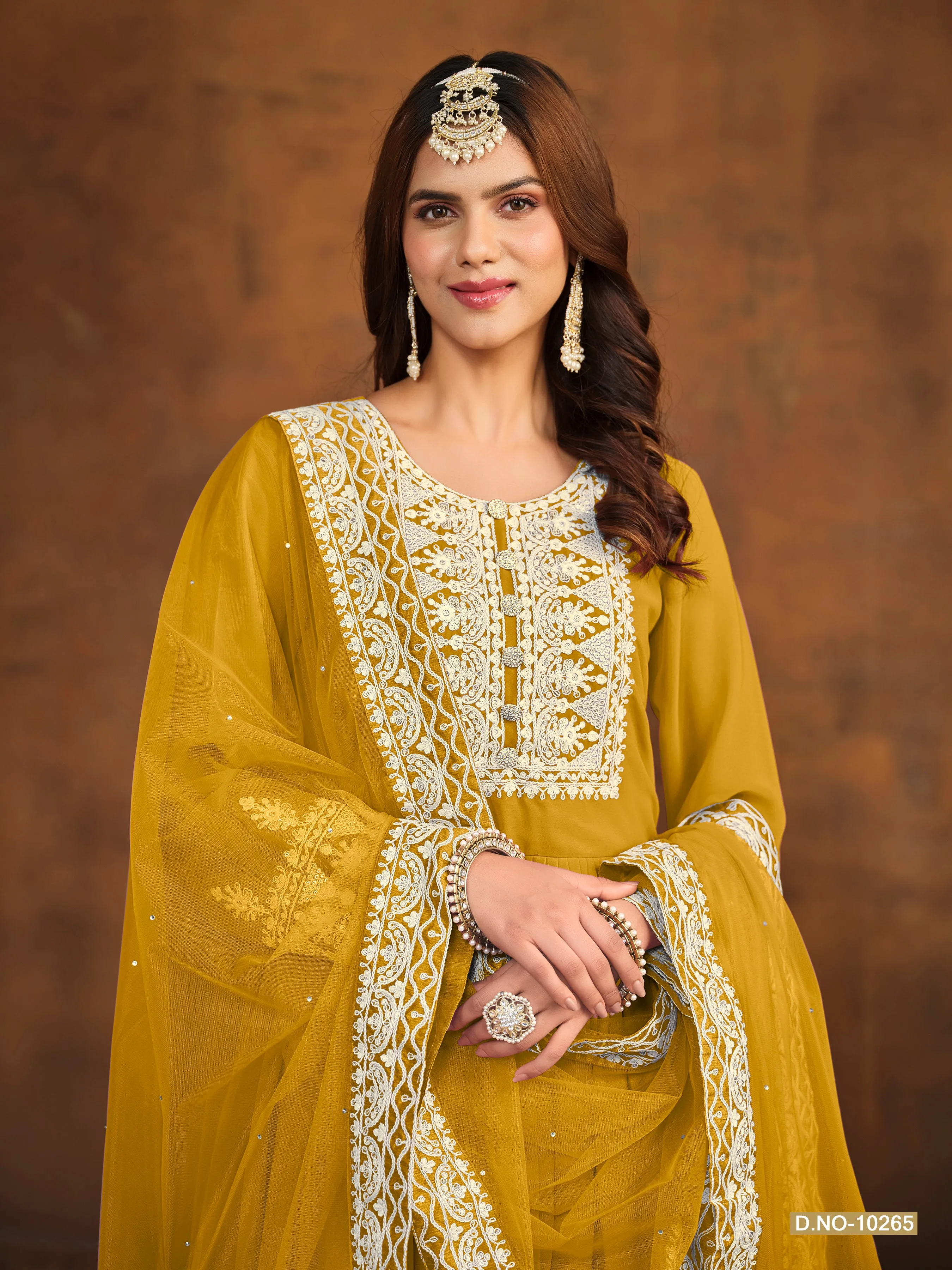 Mustard Pure Faux Georgette Heavy Embroidered Palazzo Suit