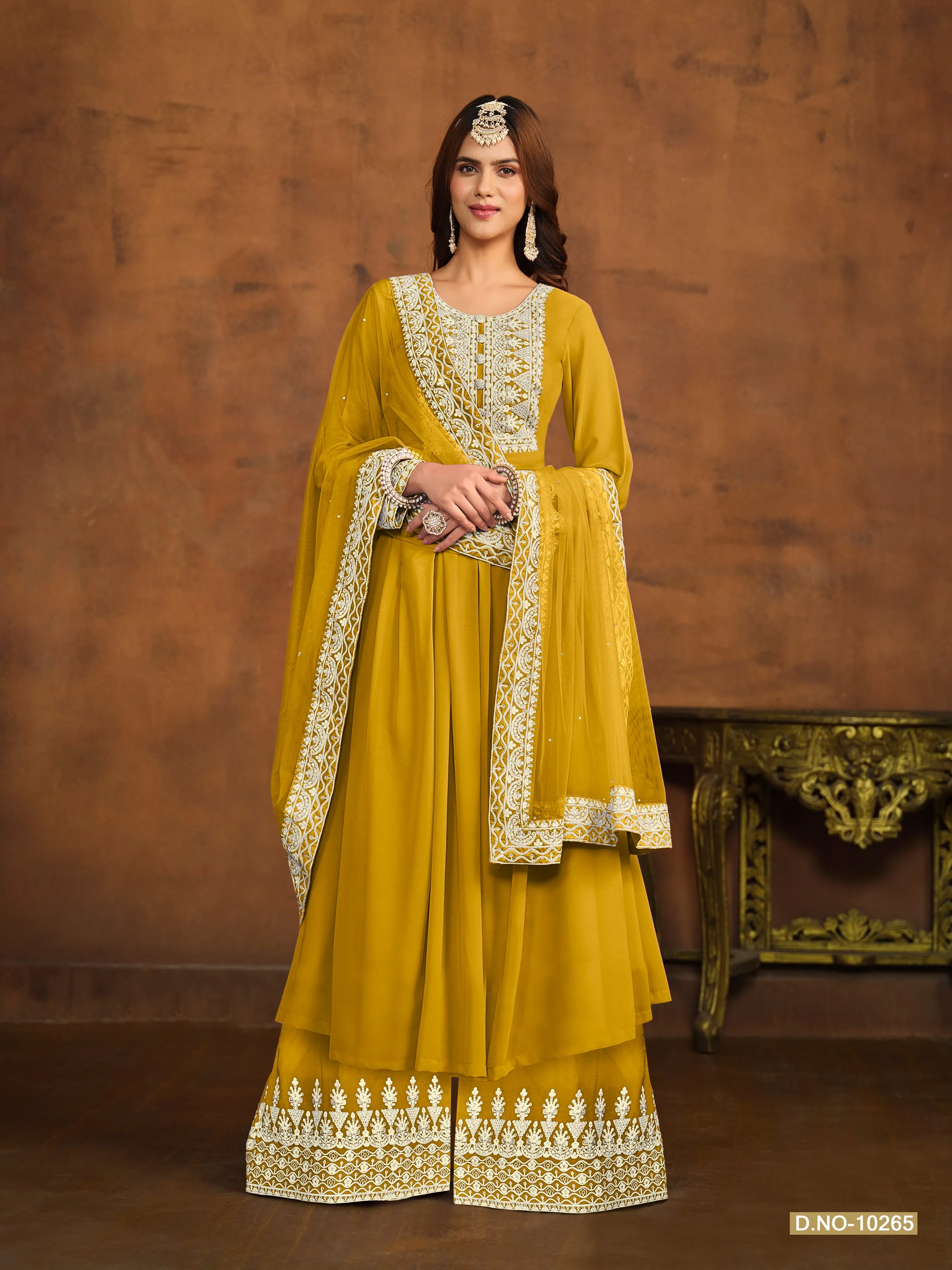 Mustard Pure Faux Georgette Heavy Embroidered Palazzo Suit