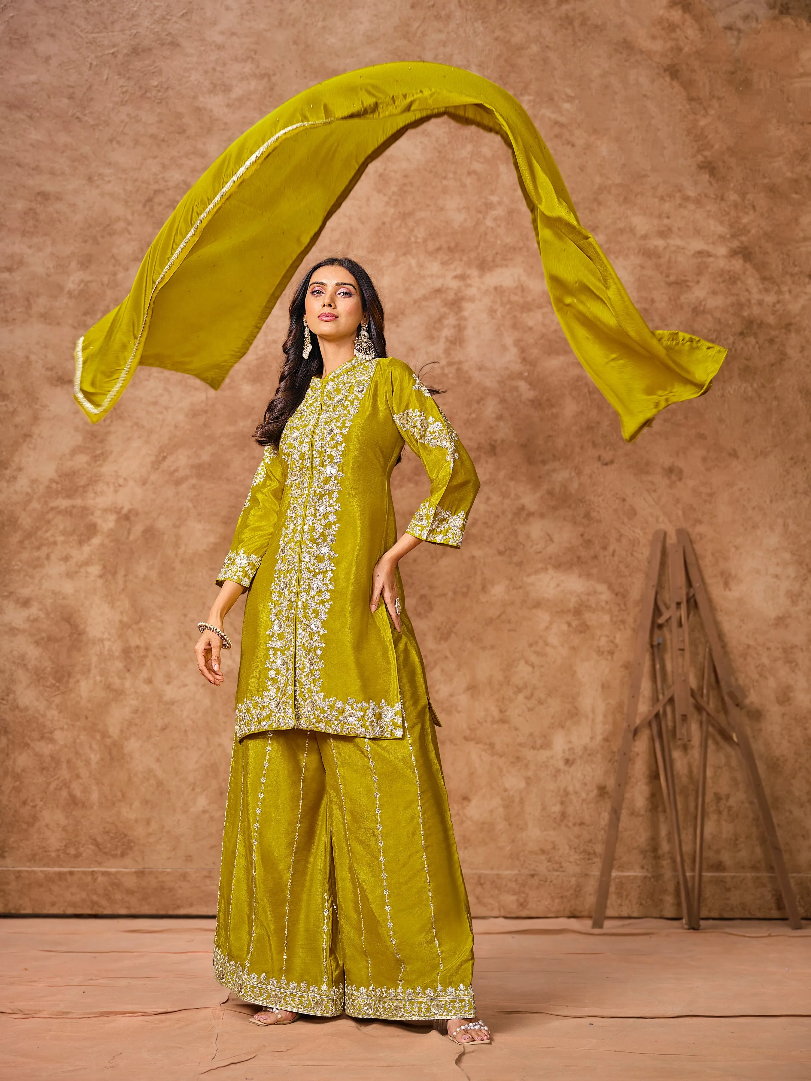 Mustard Real Chinon Embroidered Palazzo Suit