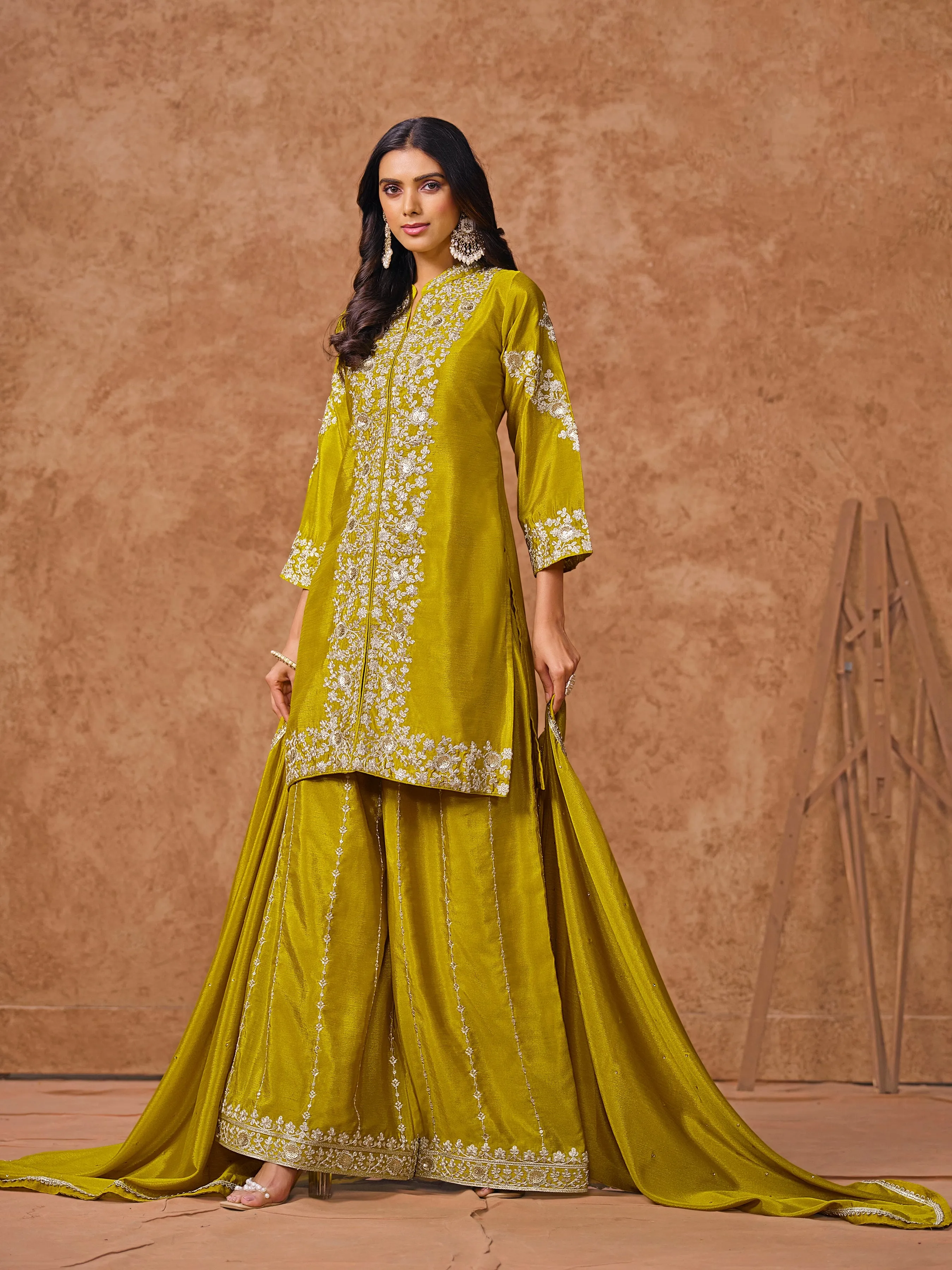 Mustard Real Chinon Embroidered Palazzo Suit