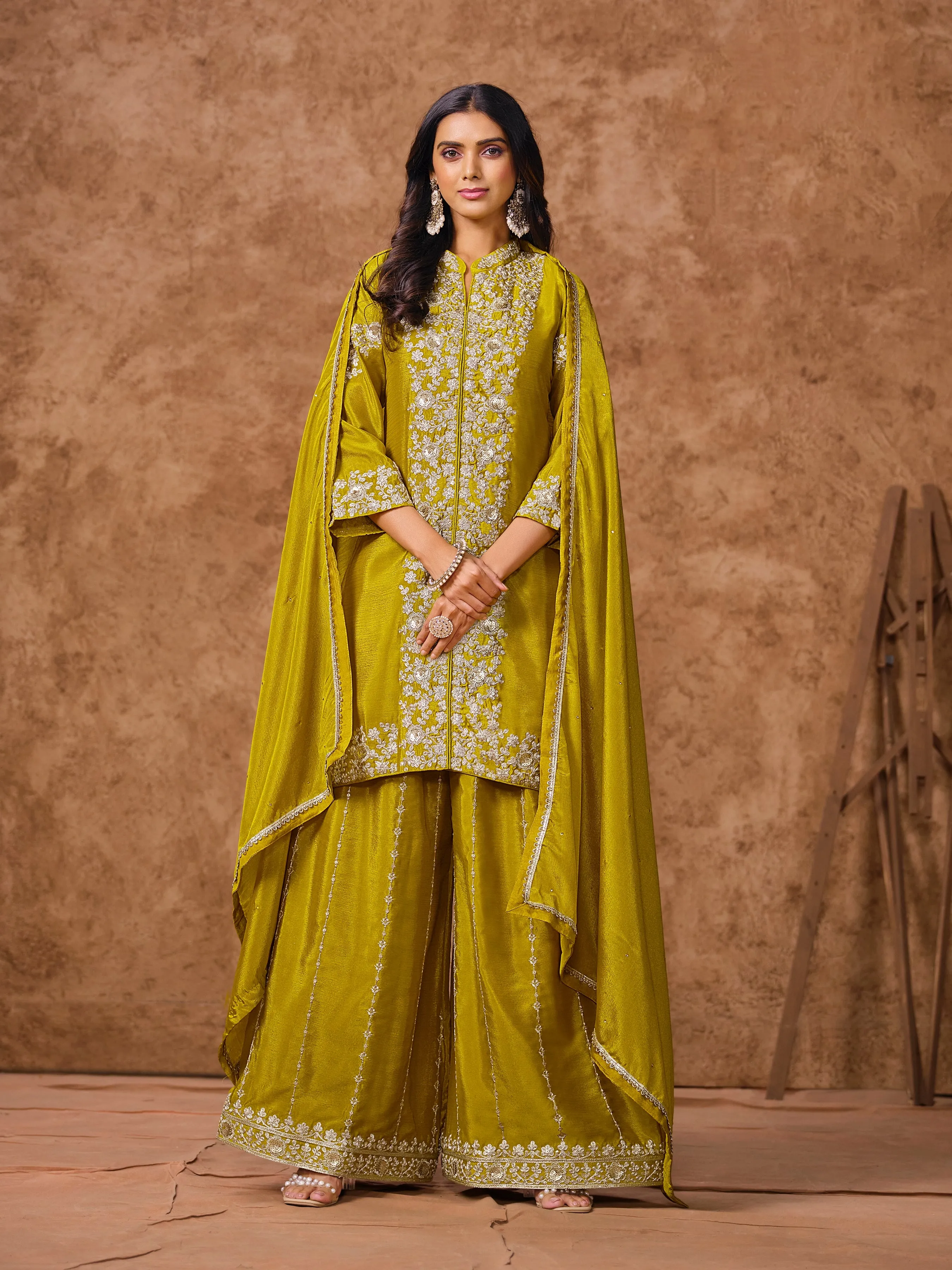 Mustard Real Chinon Embroidered Palazzo Suit