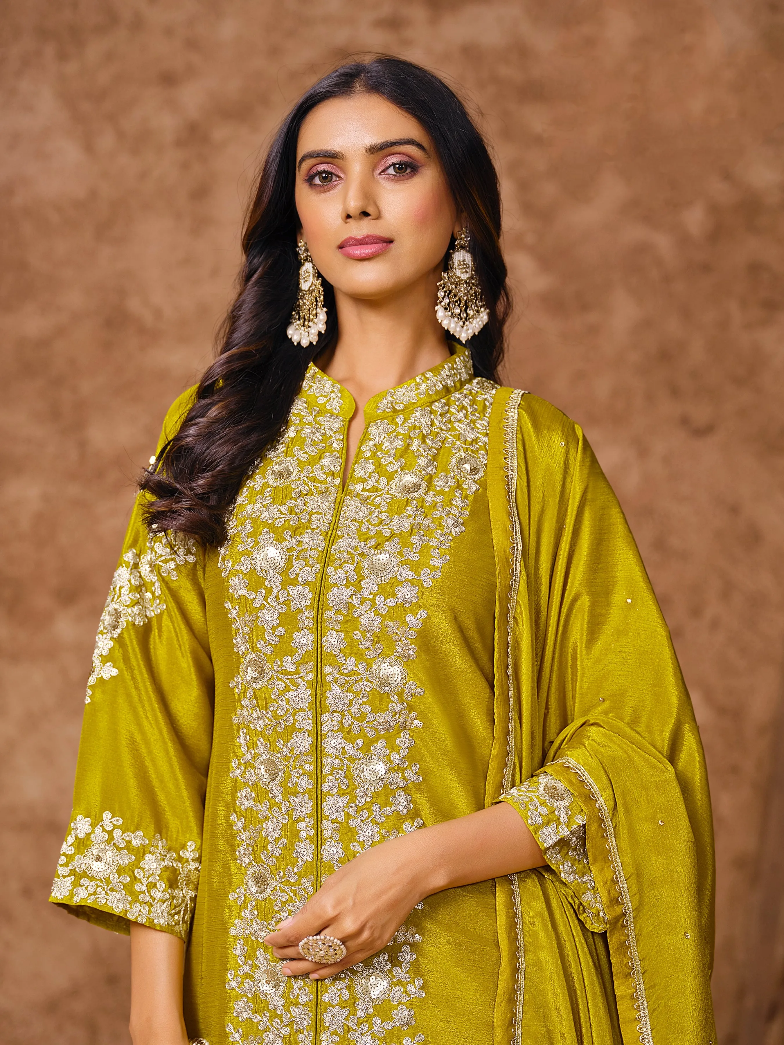 Mustard Real Chinon Embroidered Palazzo Suit