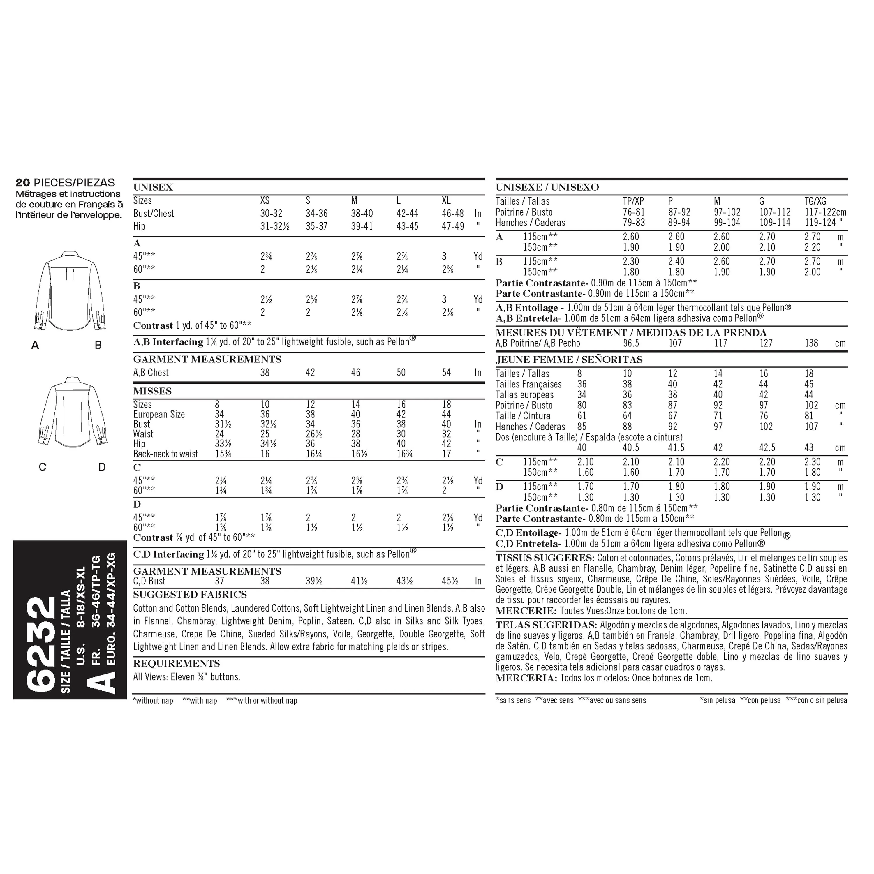 New Look Sewing Pattern 6232 - Misses' and Men's Button Down Shirt
