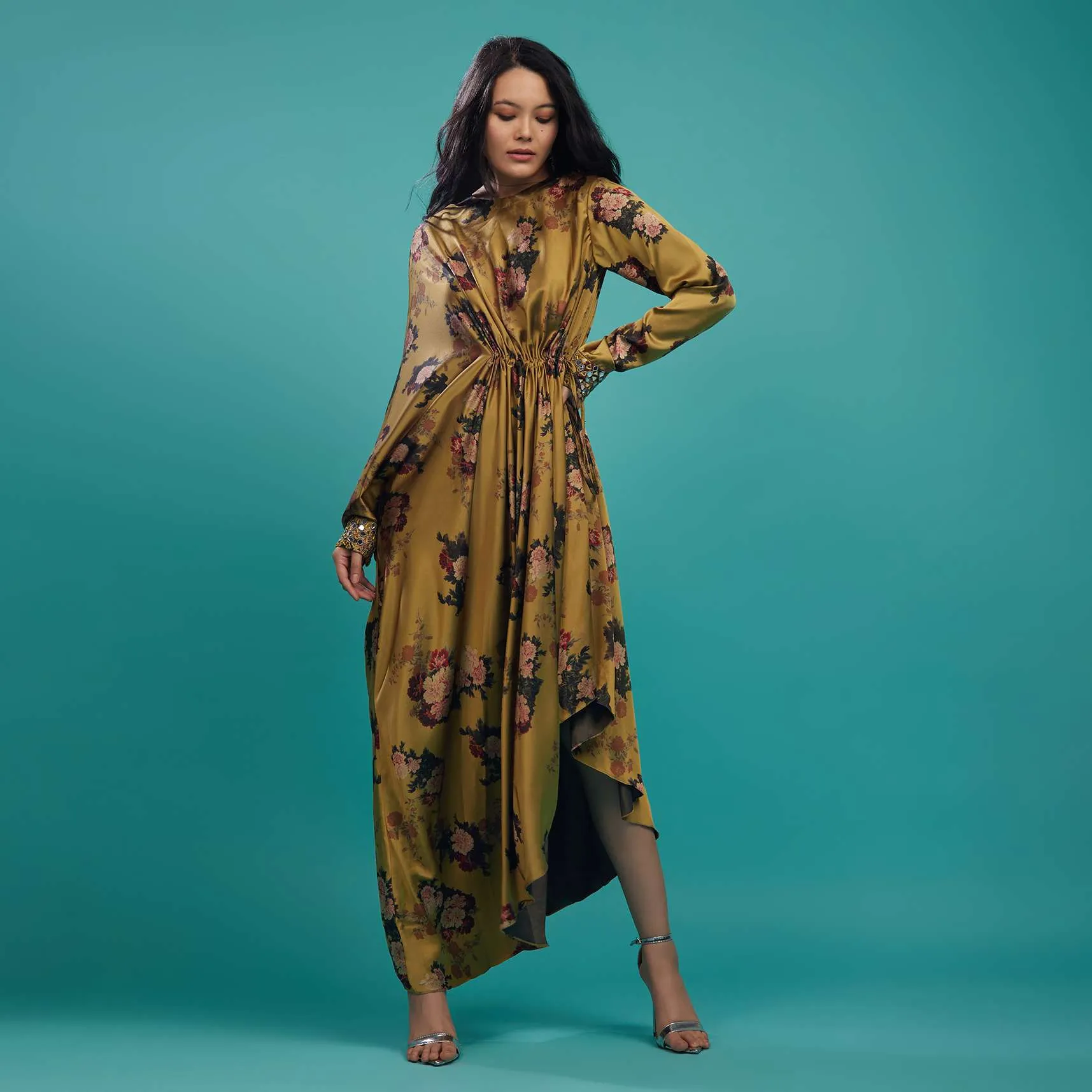 Ocher Yellow Silk Gown In Floral Print
