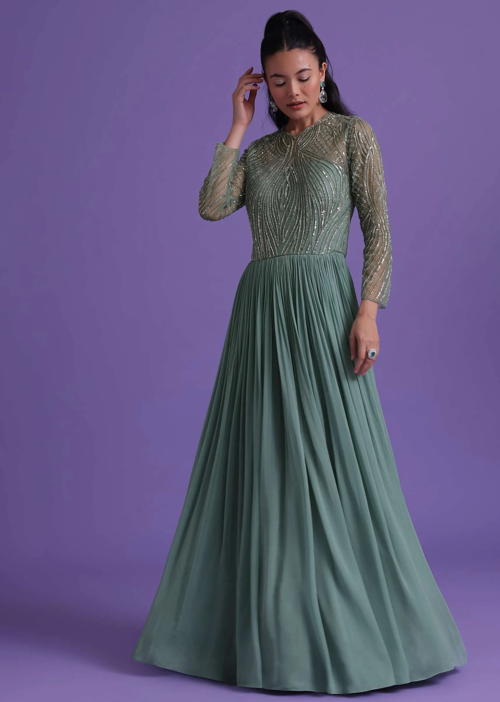 Pastel Green Gown In Georgette With Cut Dana Embroidery