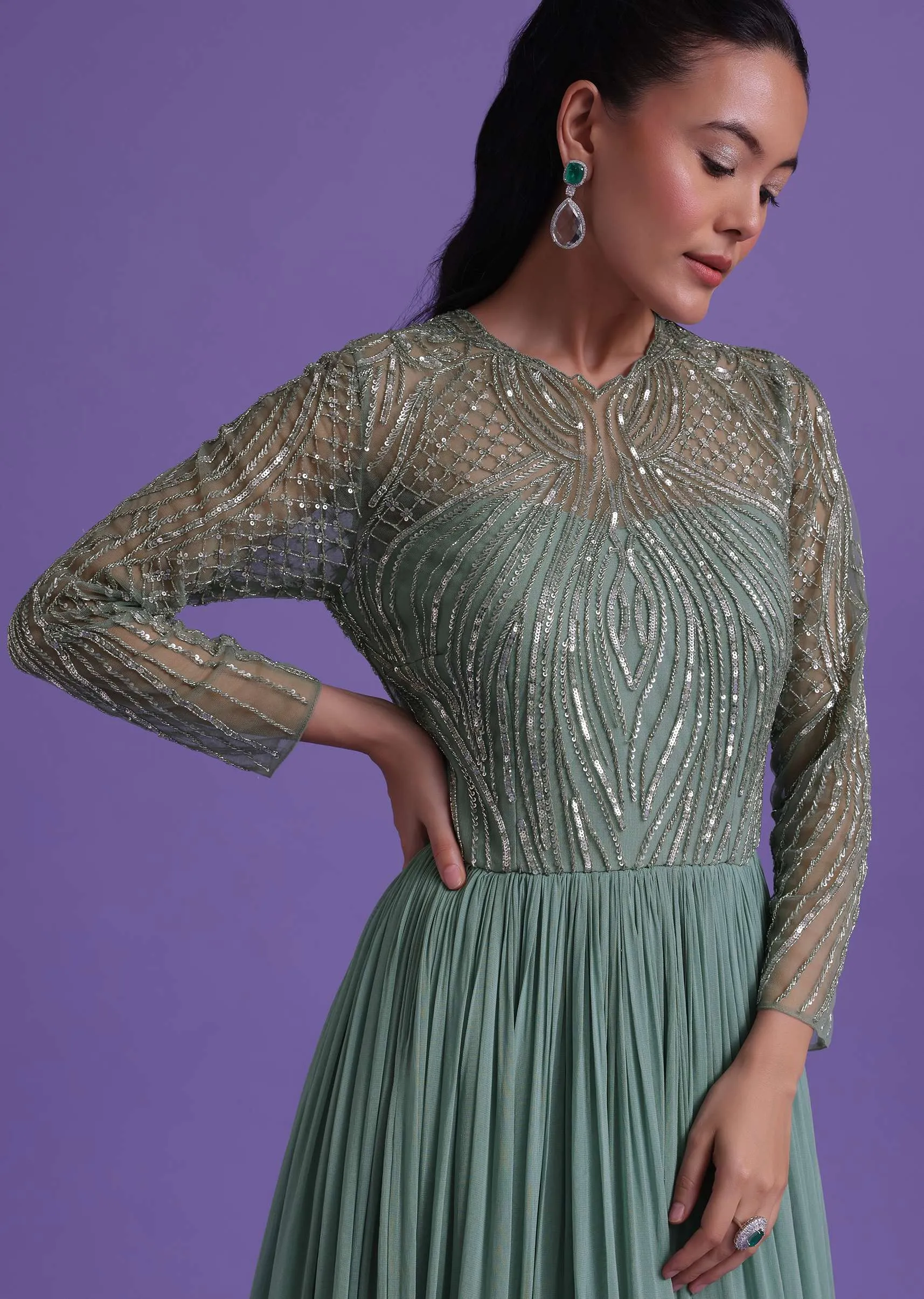 Pastel Green Gown In Georgette With Cut Dana Embroidery
