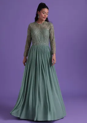 Pastel Green Gown In Georgette With Cut Dana Embroidery