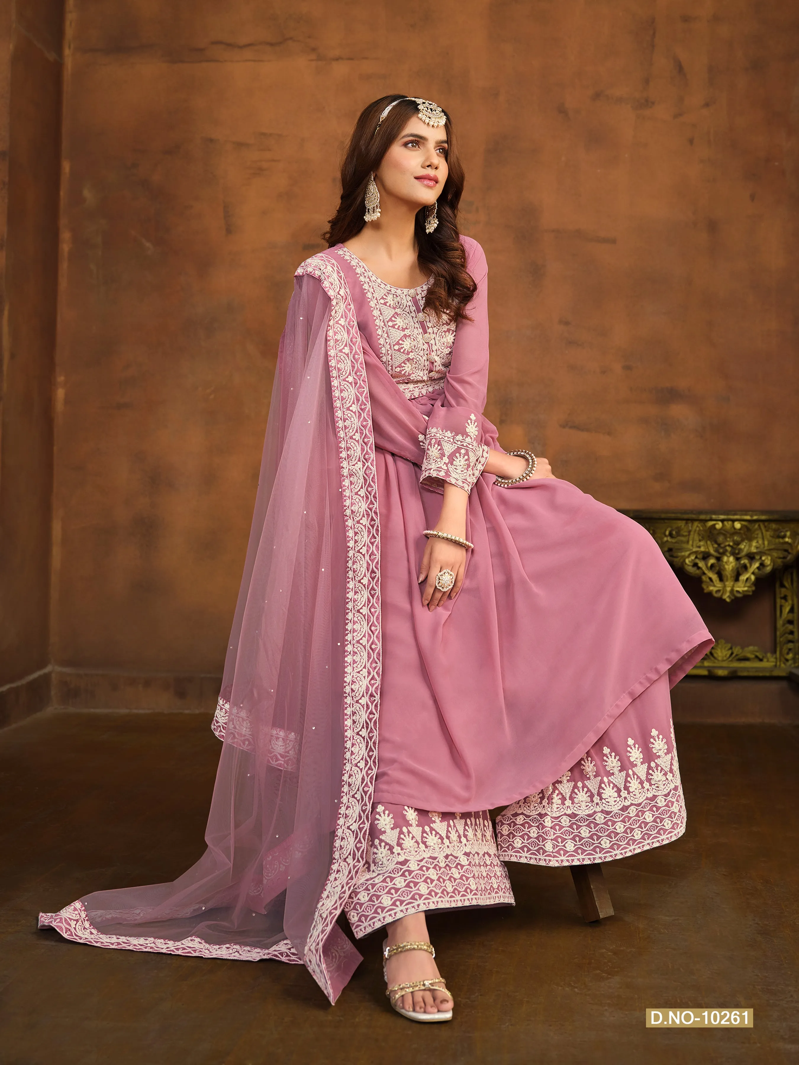 Pink Pure Faux Georgette Heavy Embroidered Palazzo Suit