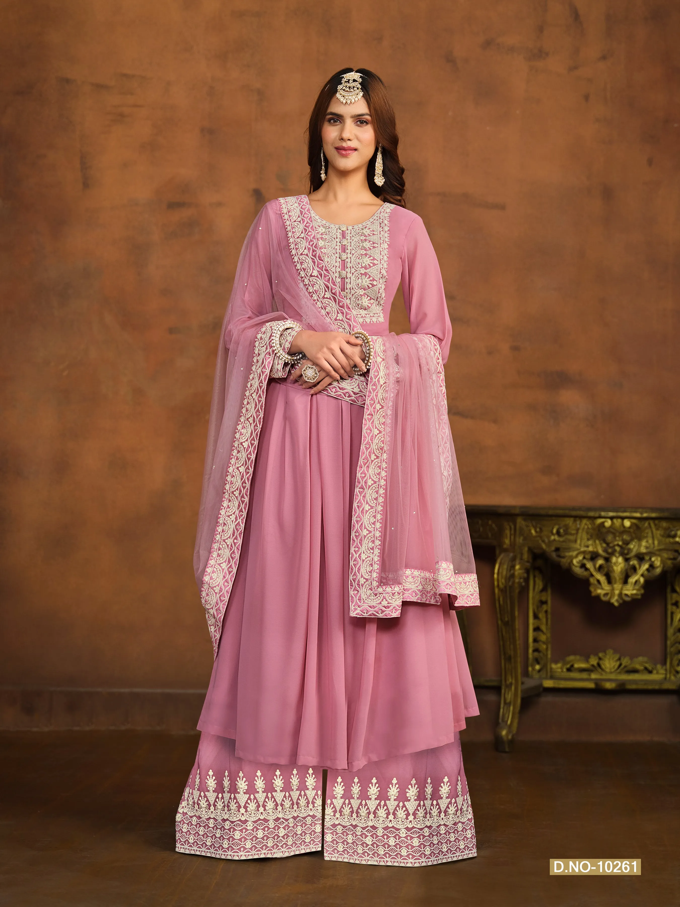 Pink Pure Faux Georgette Heavy Embroidered Palazzo Suit