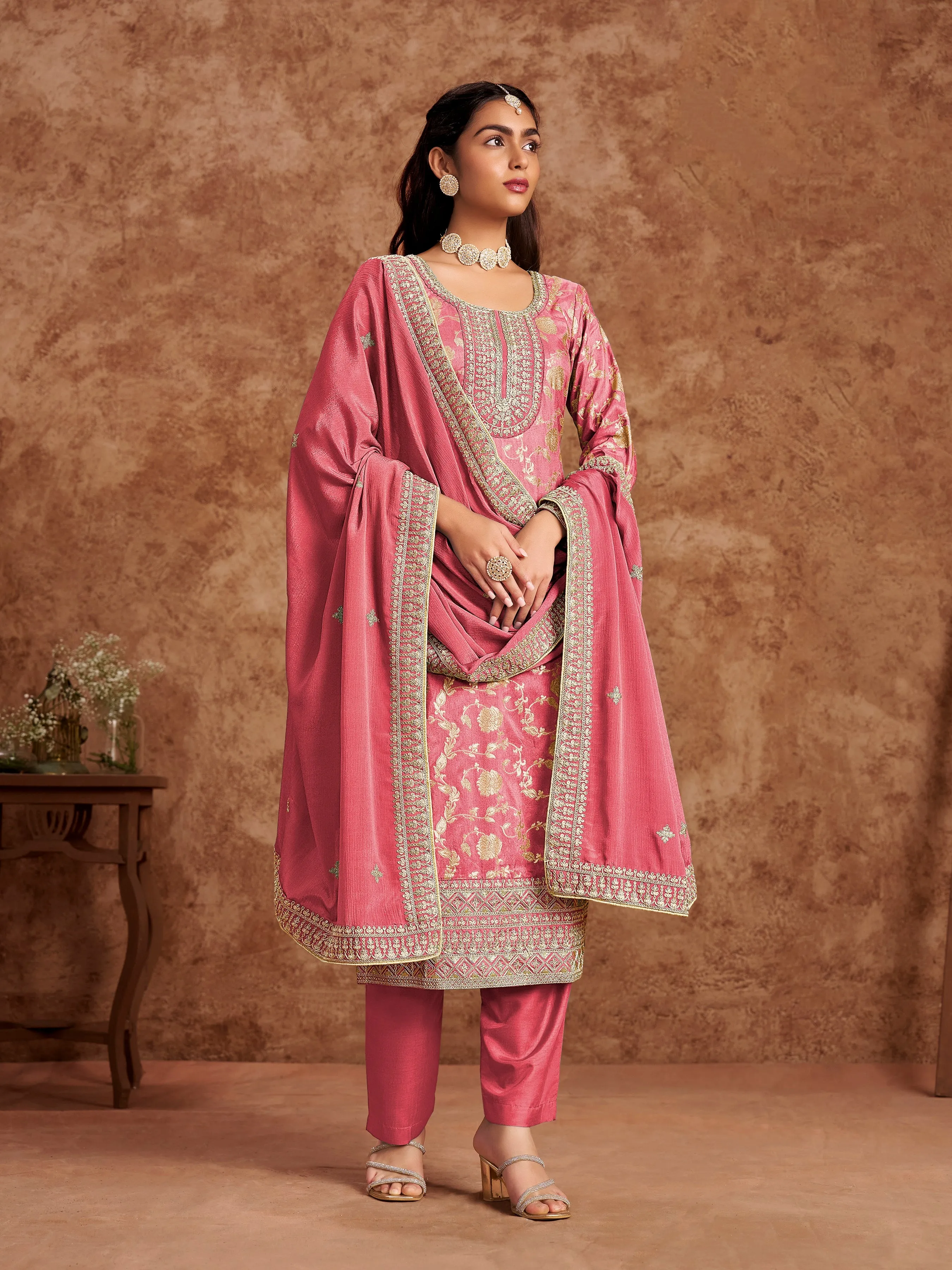 Pink Pure Party Wear Heavy Embroidered Work Salwar Suit