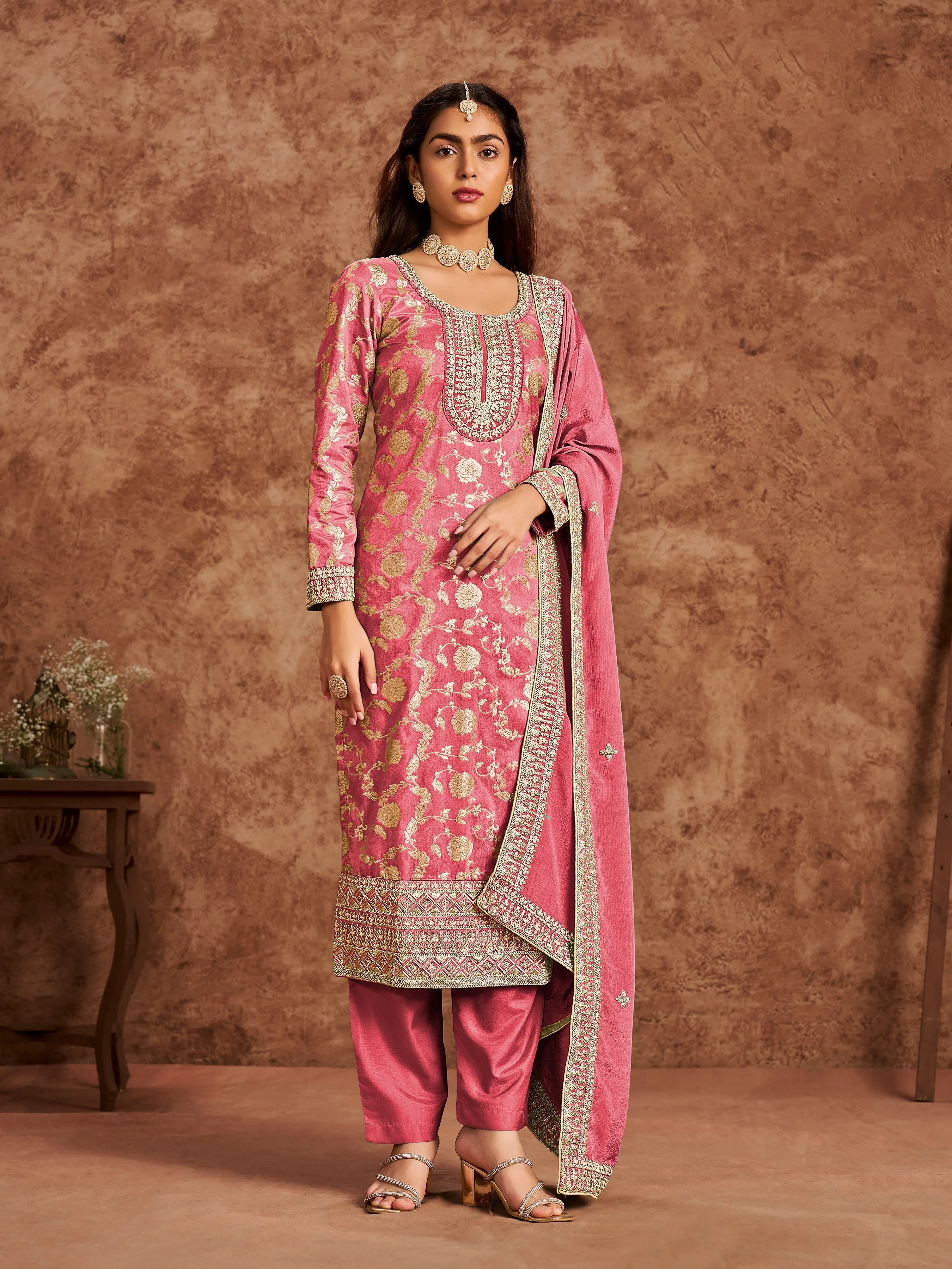 Pink Pure Party Wear Heavy Embroidered Work Salwar Suit
