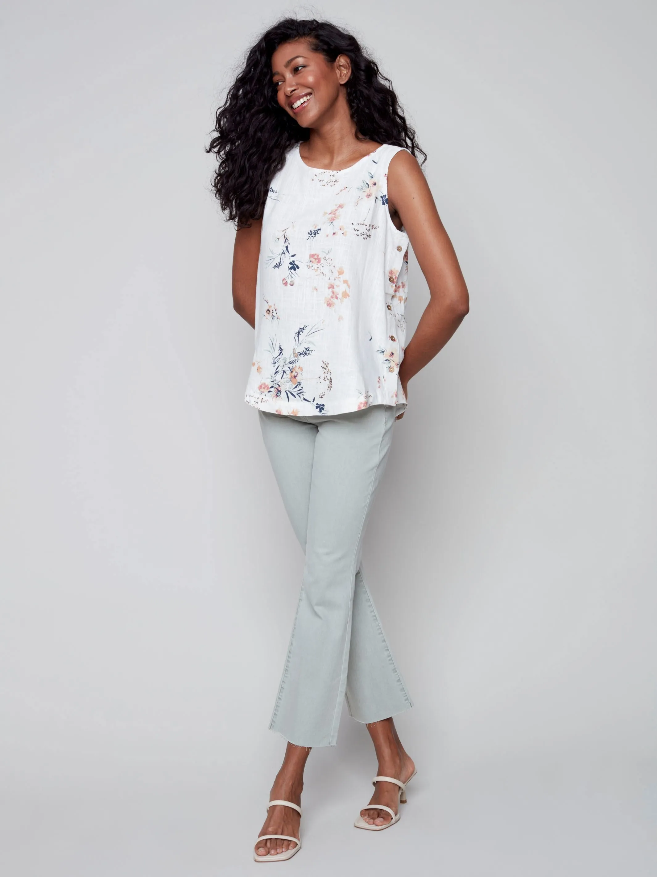 Printed Linen Top with Side Buttons - Bouquet