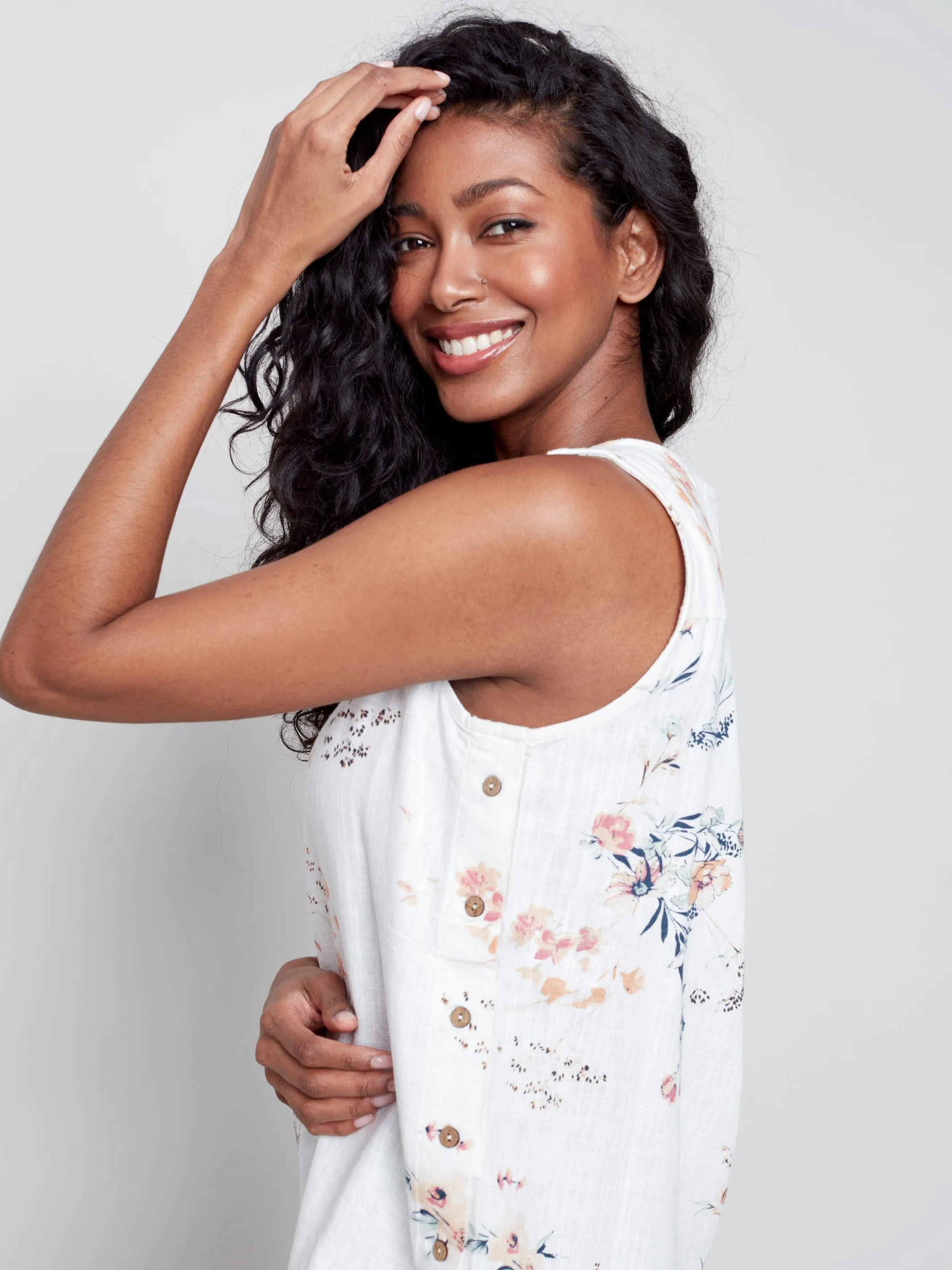 Printed Linen Top with Side Buttons - Bouquet