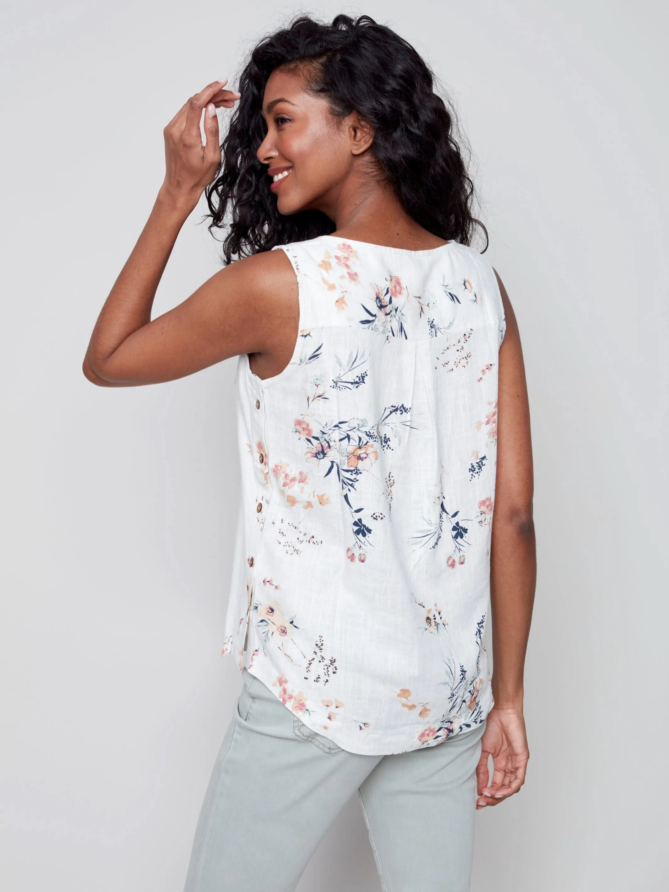 Printed Linen Top with Side Buttons - Bouquet