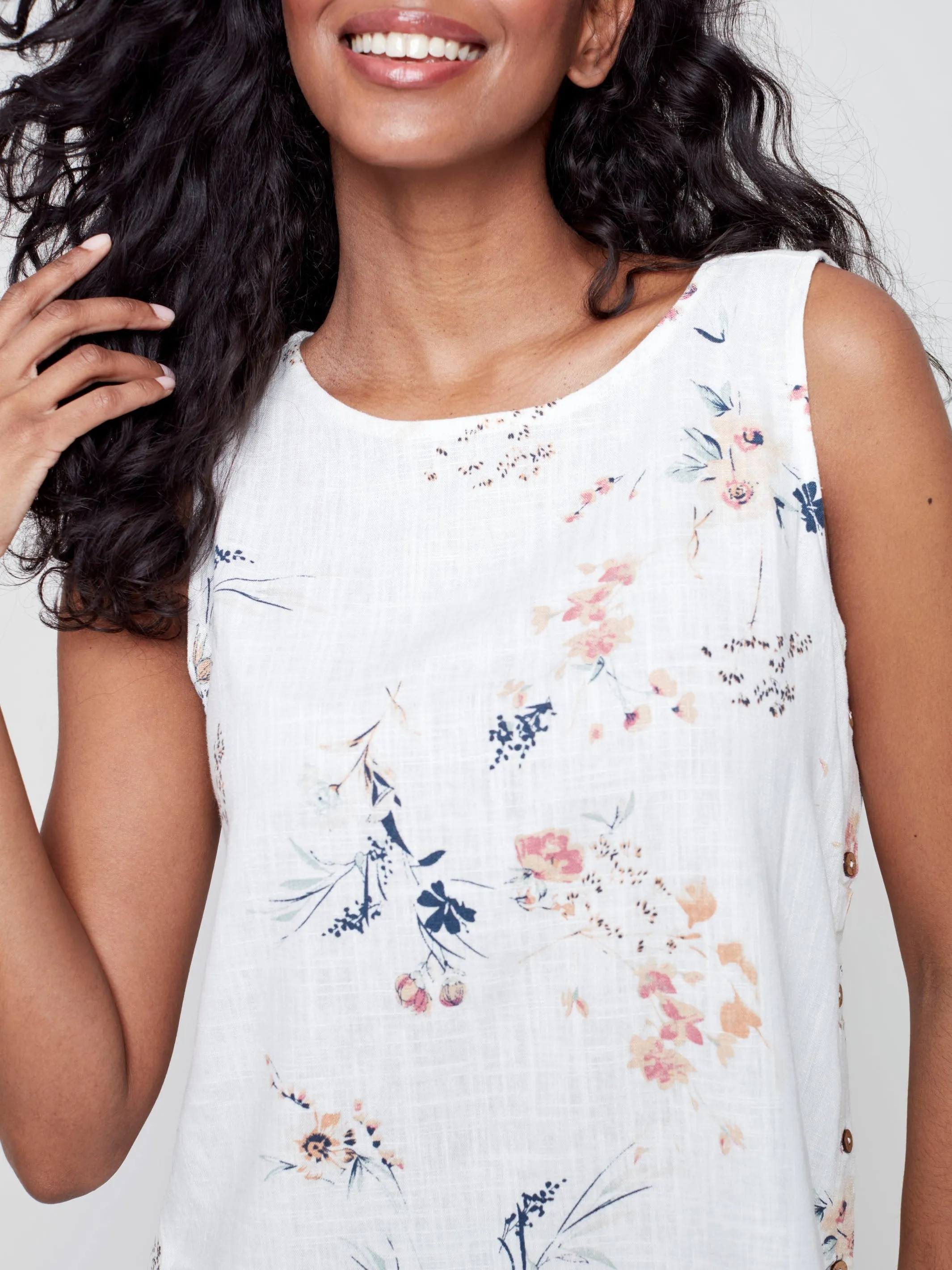 Printed Linen Top with Side Buttons - Bouquet