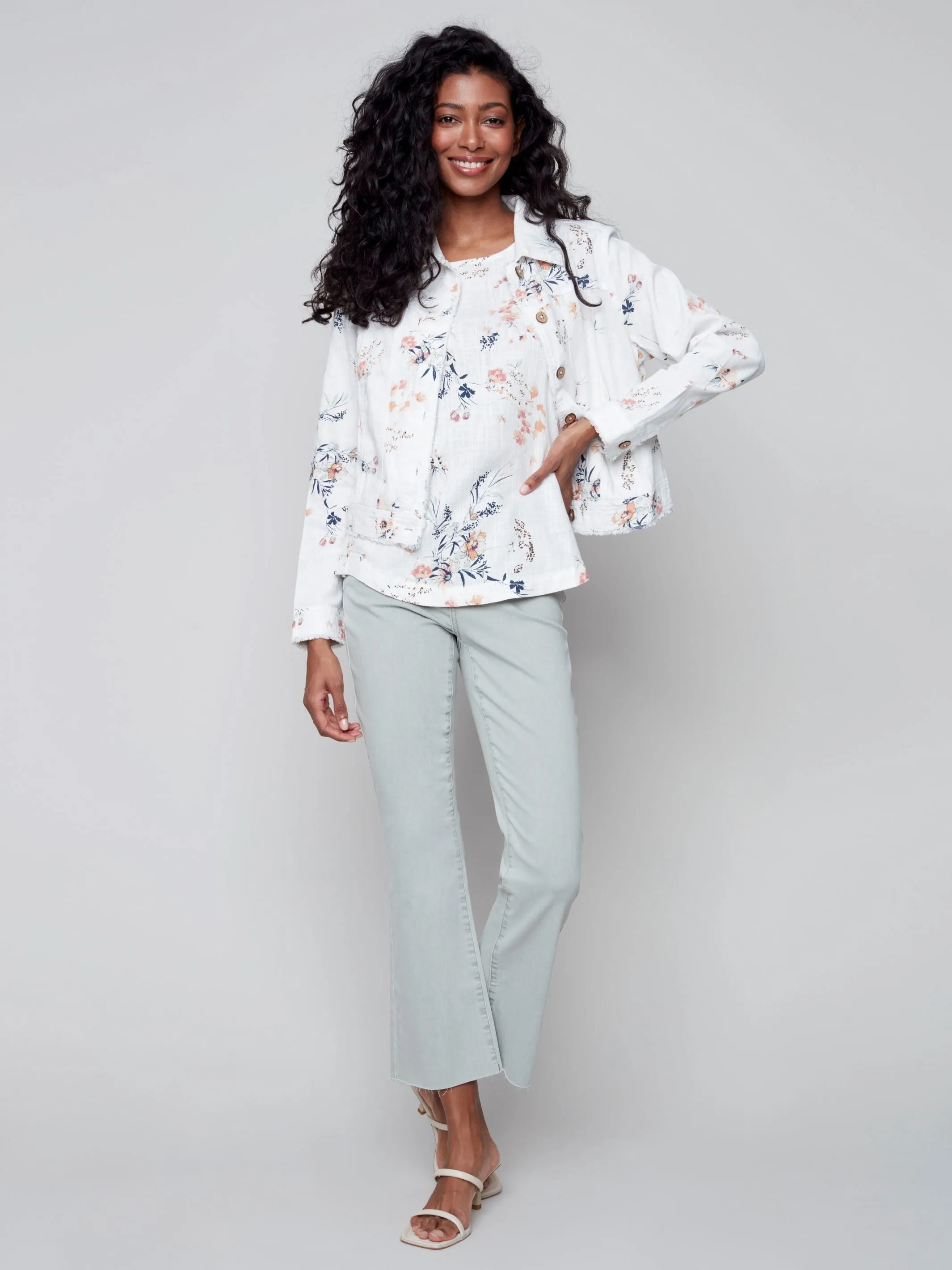 Printed Linen Top with Side Buttons - Bouquet