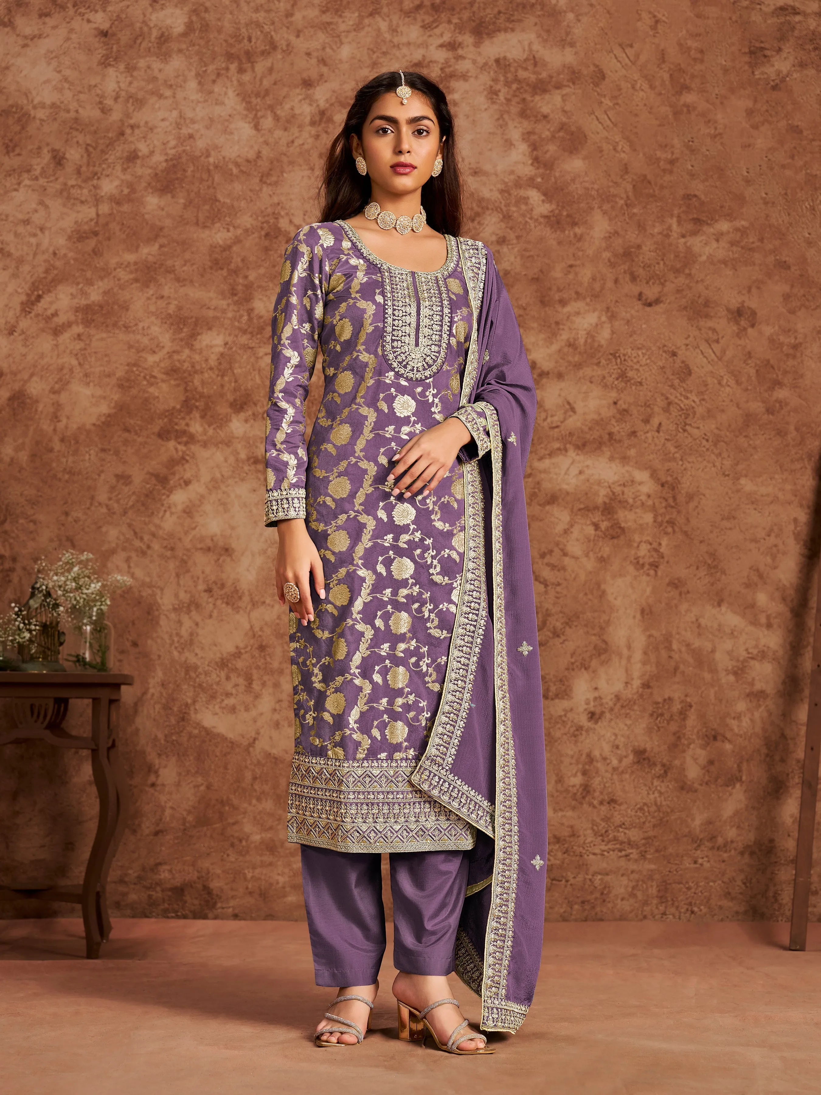 Purple Pure Party Wear Heavy Embroidered Work Salwar Suit
