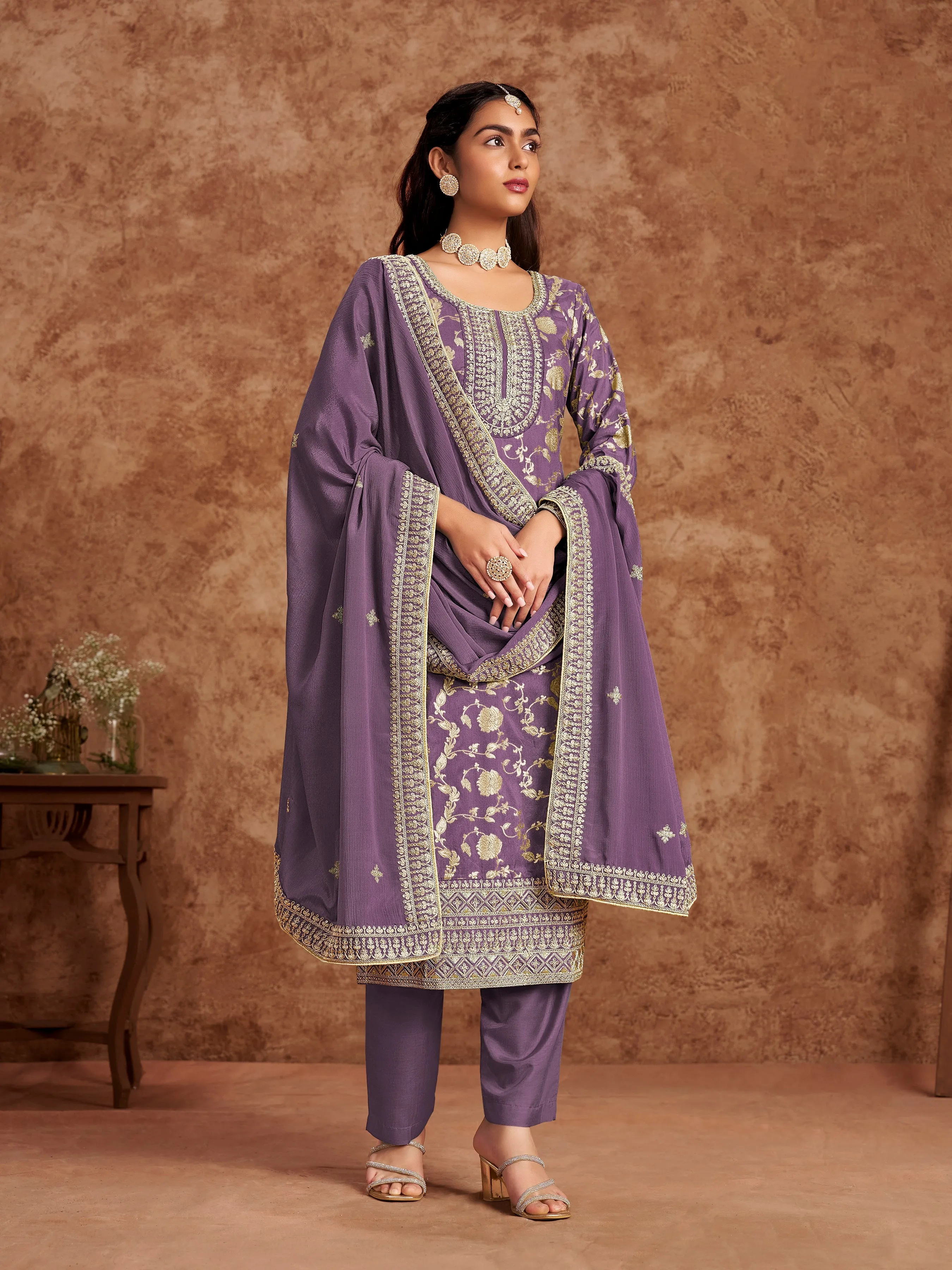 Purple Pure Party Wear Heavy Embroidered Work Salwar Suit