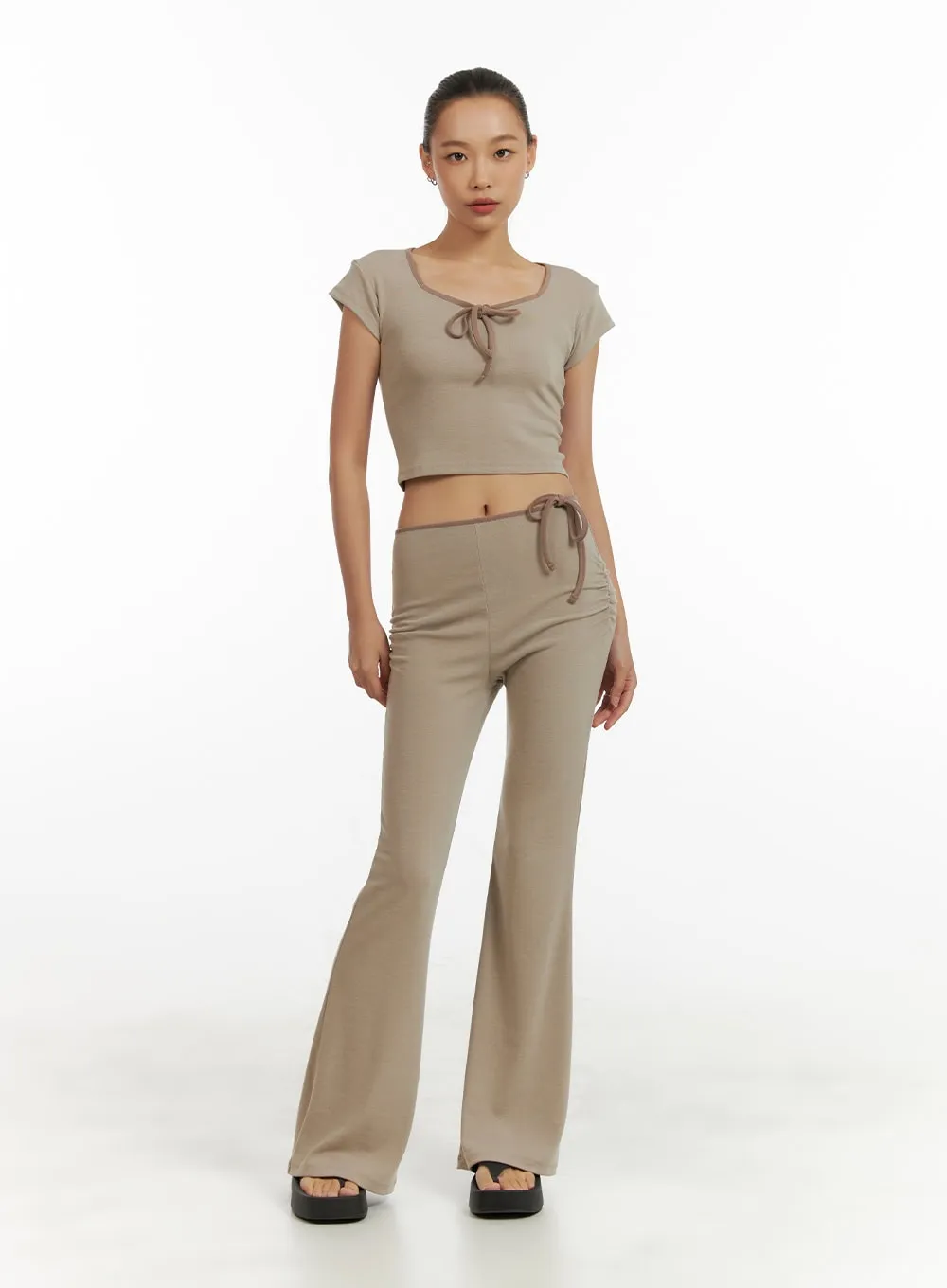 Ribbon Shirred Bootcut Cotton Pants CU414