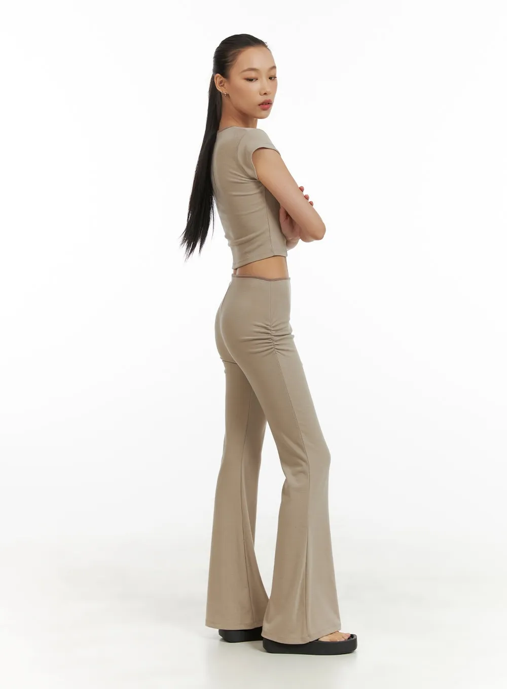 Ribbon Shirred Bootcut Cotton Pants CU414