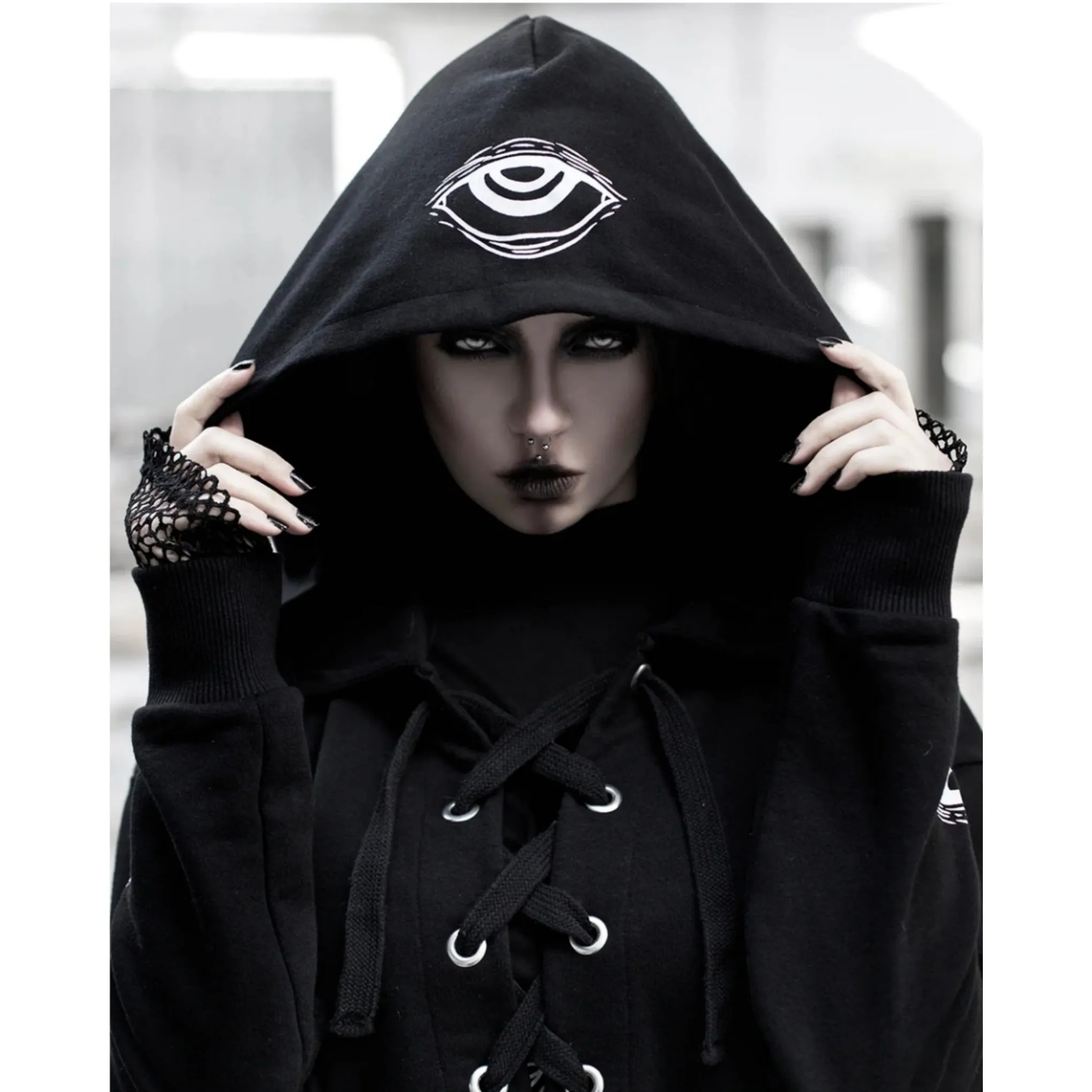 Shaman's Eye Oversized Jumper Hoodie |  Unisex Lace-up Black Cotton
