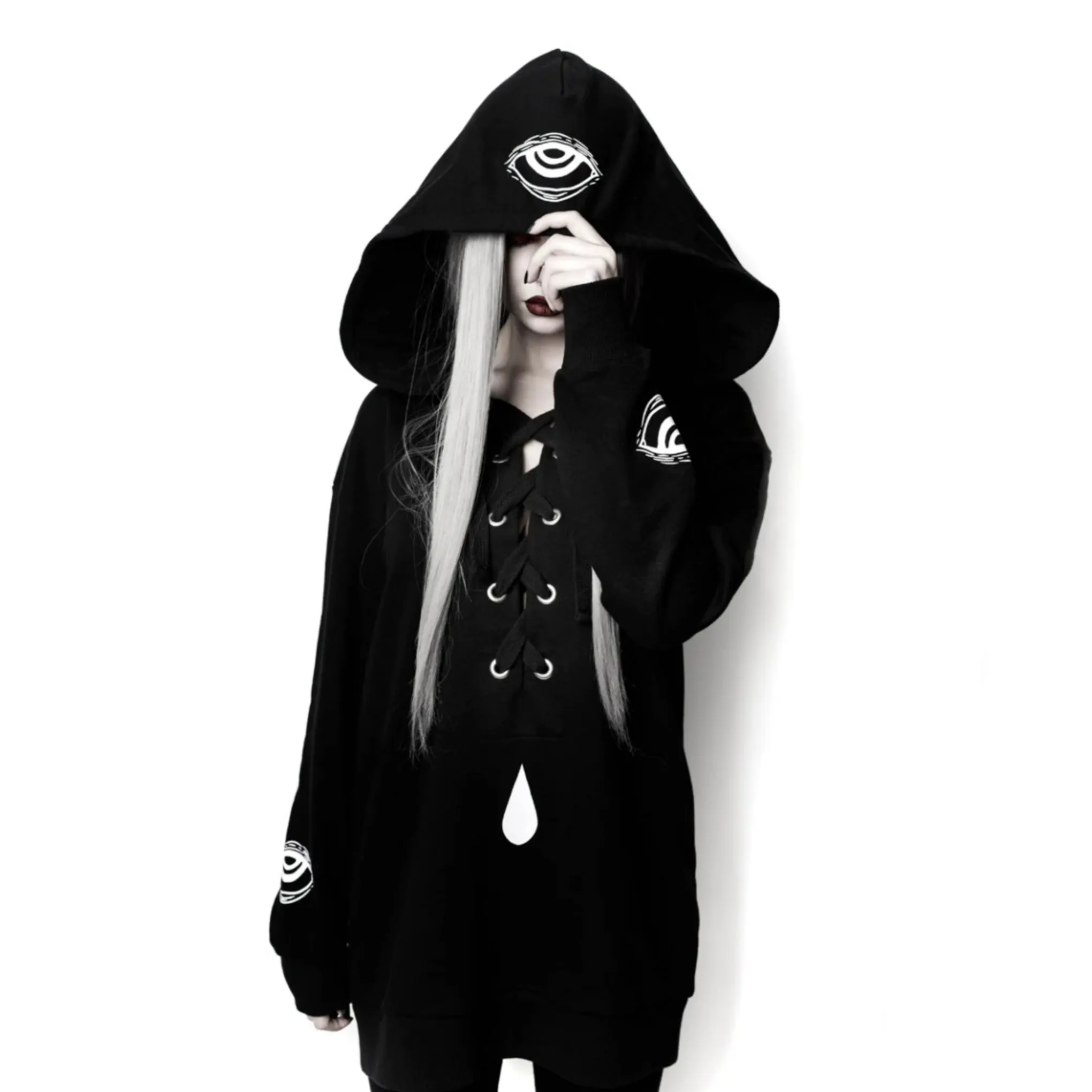 Shaman's Eye Oversized Jumper Hoodie |  Unisex Lace-up Black Cotton