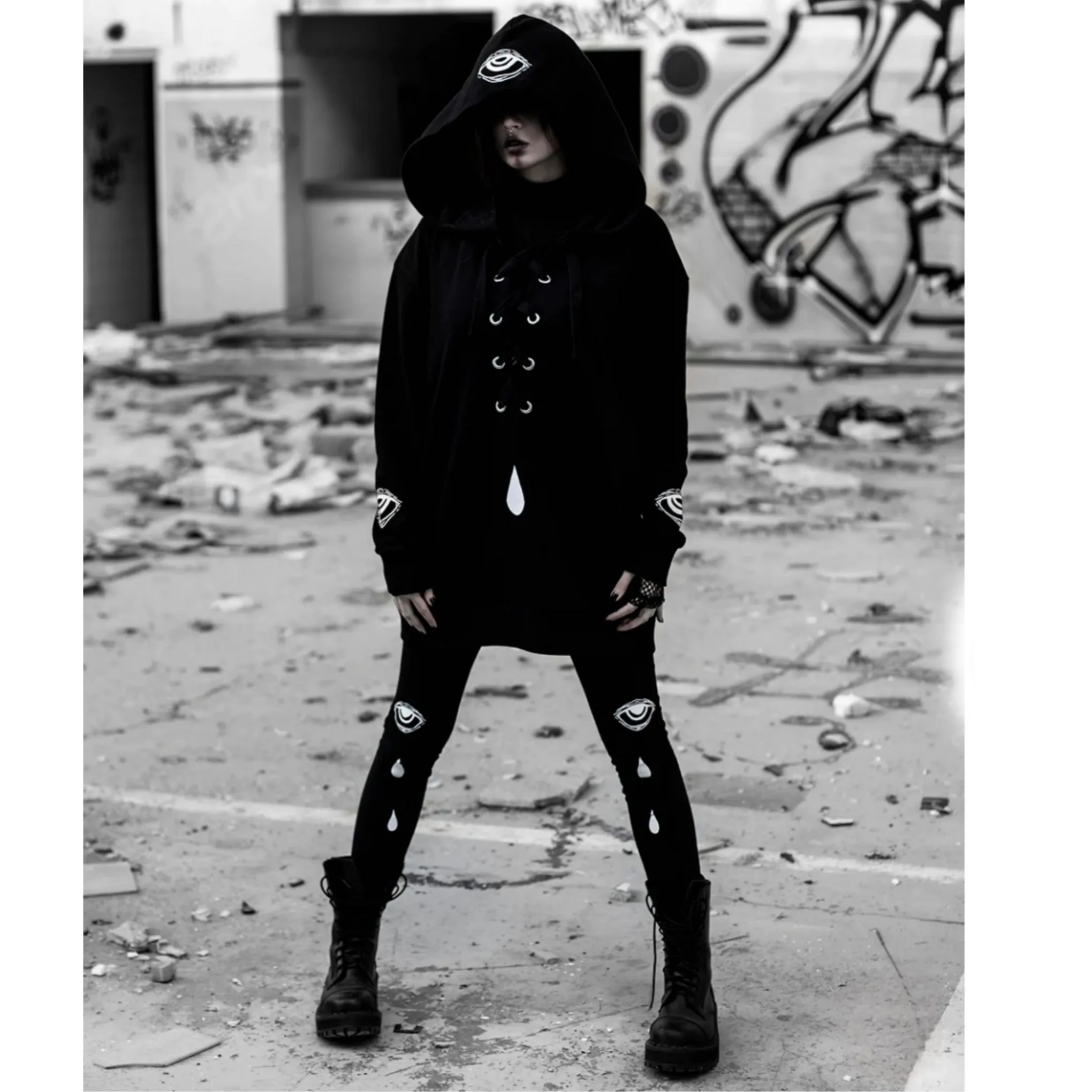 Shaman's Eye Oversized Jumper Hoodie |  Unisex Lace-up Black Cotton