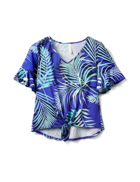 Summertime Palm Print Tie Front Knit Top